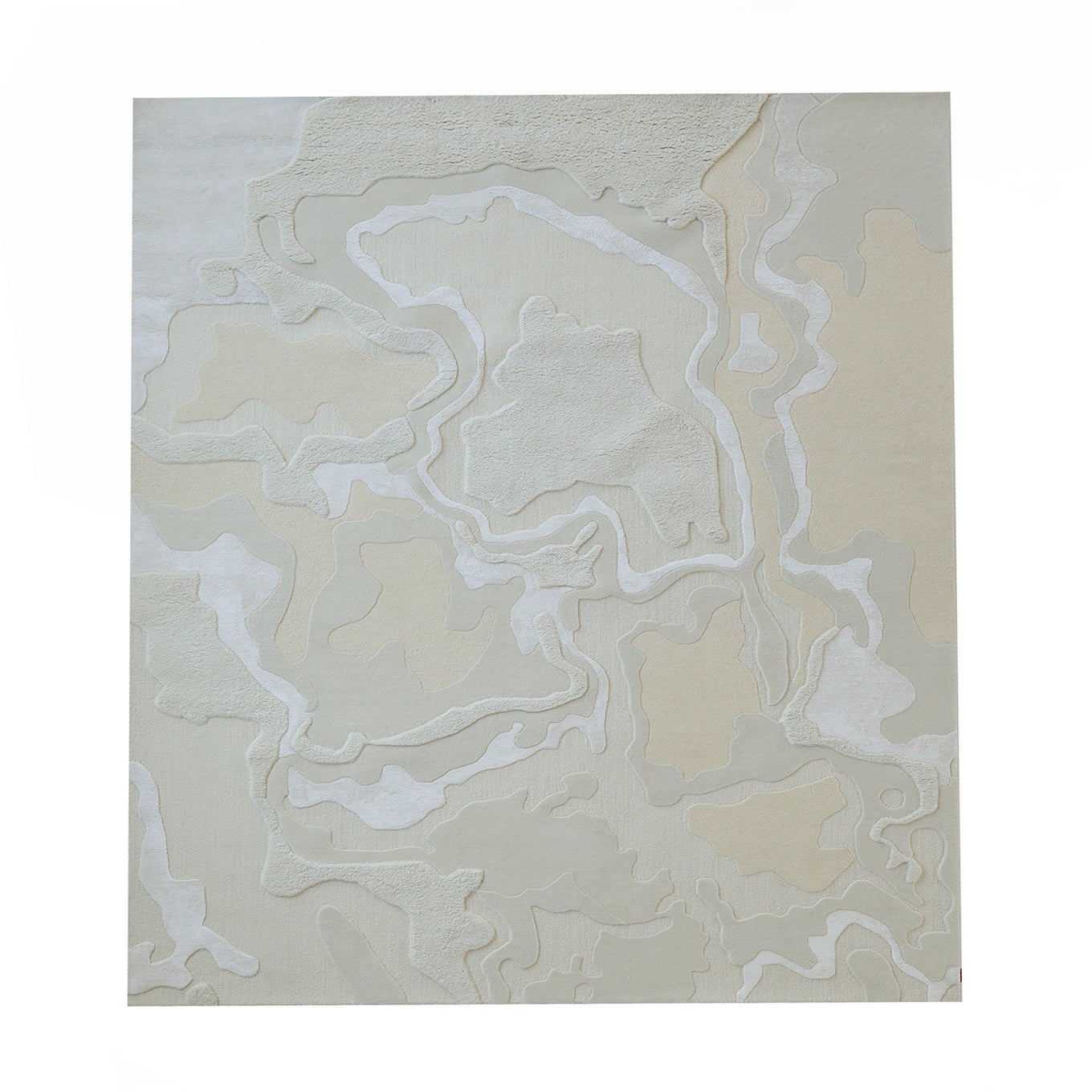 The RAMSHA HOME Handcrafted Natural White Area Rug – HTWV-129 features abstract, irregular wavy shapes and lines in beige, cream, and light gray on a white background, evoking modern style and layered terrain.