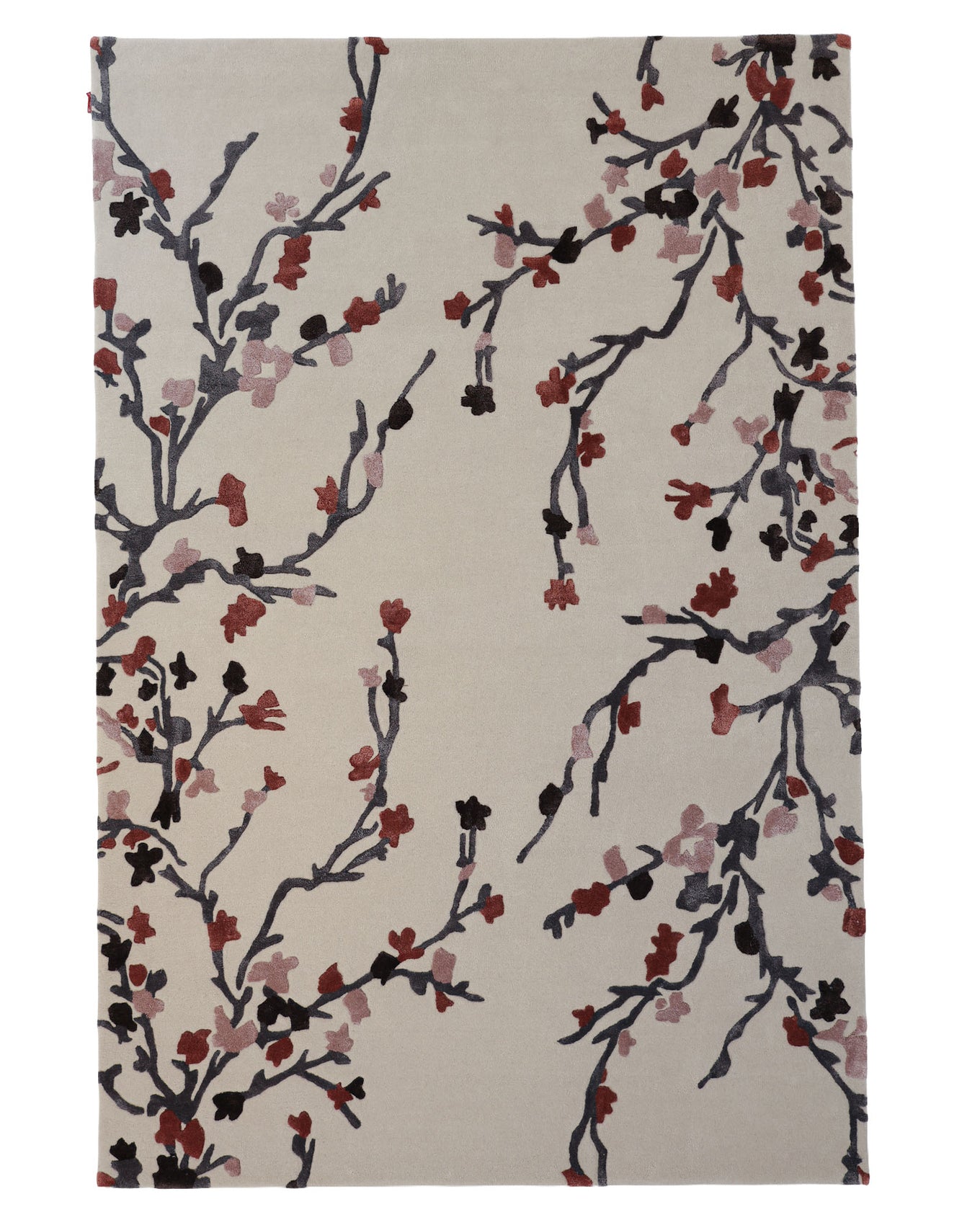 Introducing the Multi Color Handmade Area Rug HTWV-119 by RAMSHA HOME, a beige decorative area rug adorned with an elegant pattern of black, red, and pink cherry blossom branches scattered across its surface.