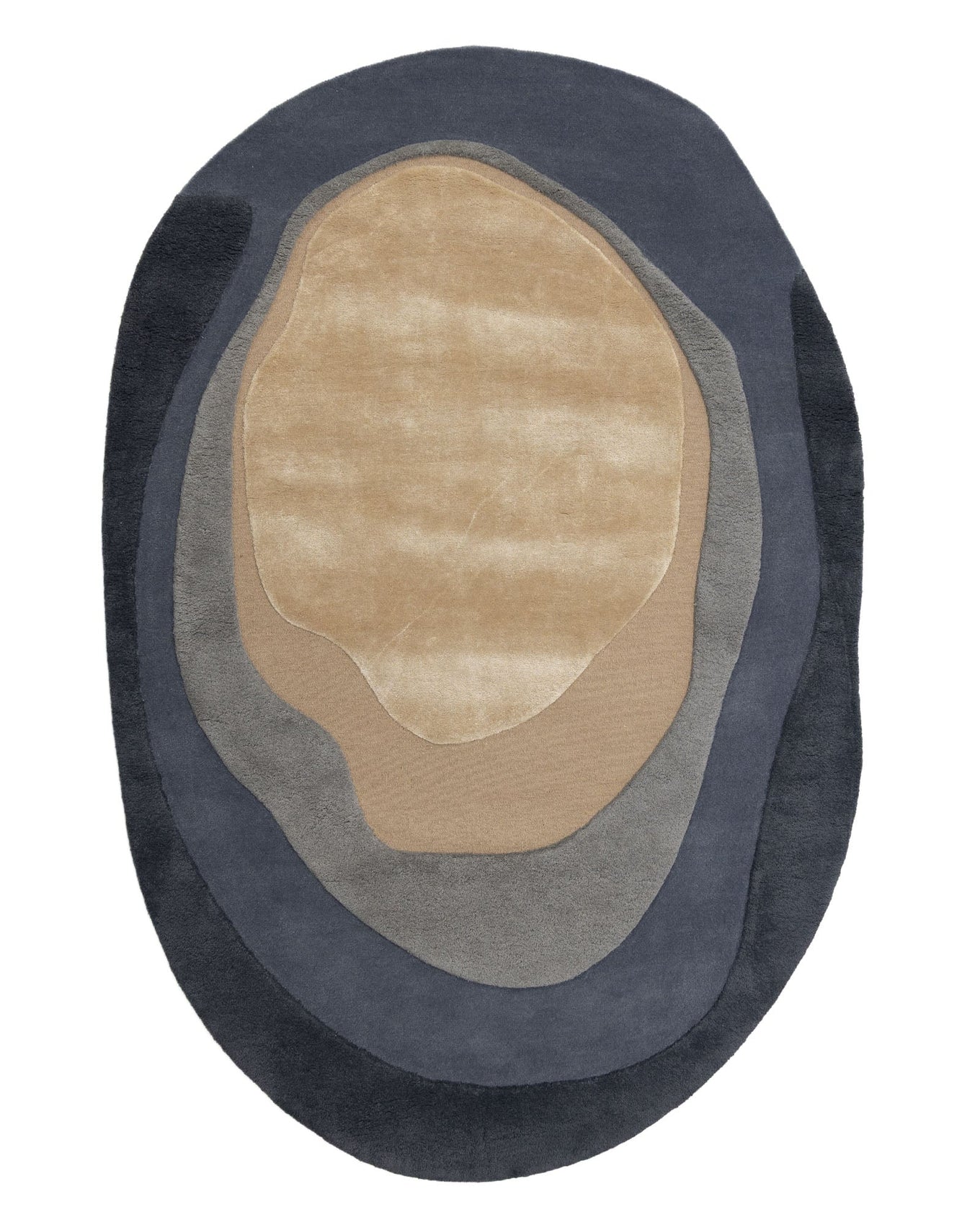 Introducing the RAMSHA HOME Oval Shape Home Decor Multi Color Rug HTWV-90—a meticulously hand-tufted oval area rug featuring layered sections in beige, light gray, medium gray, and dark gray tones. Reminiscent of geologic strata or a topographic map, this striking modern wool rug is the perfect statement piece for contemporary interiors.