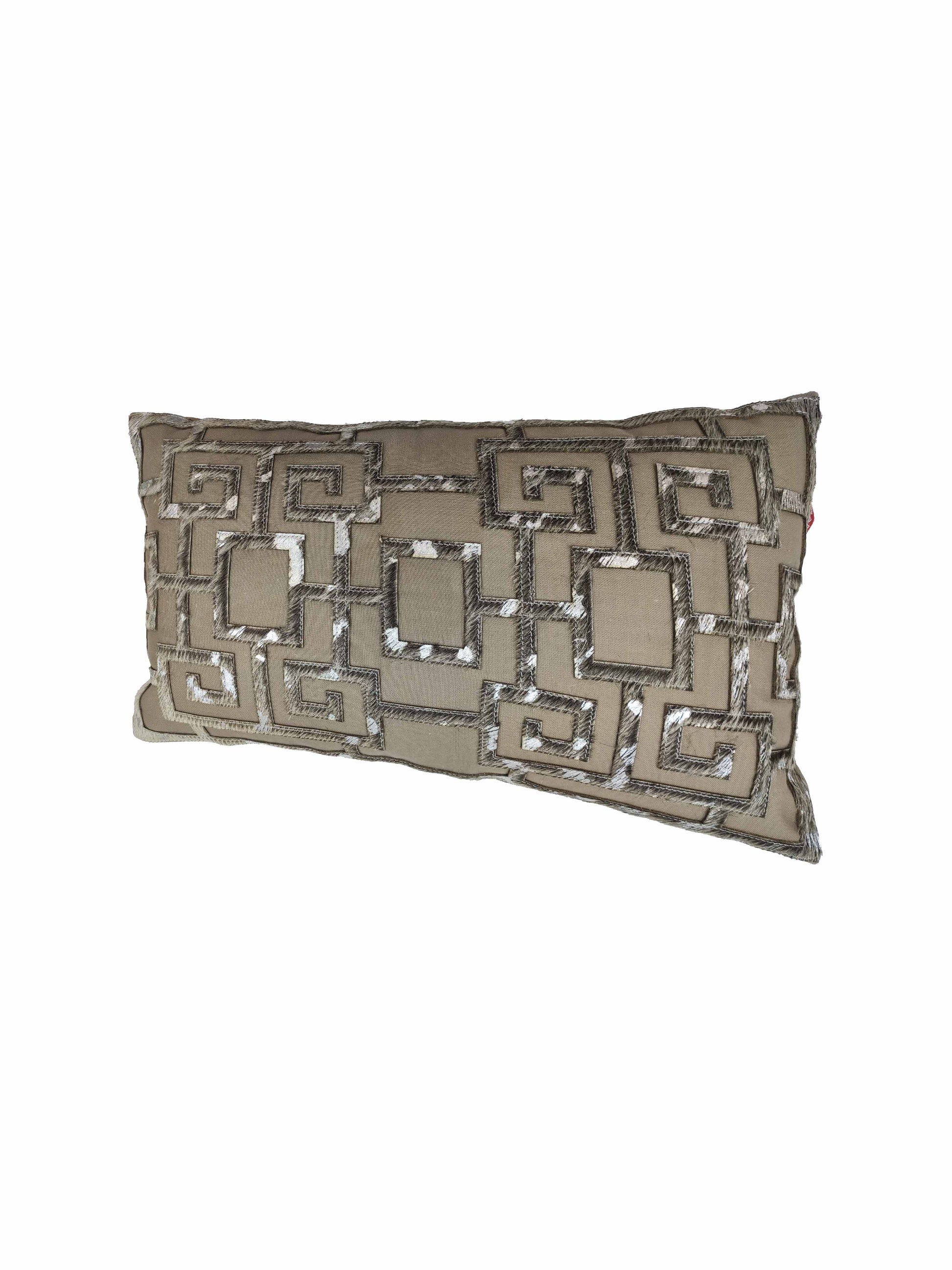 The RAMSHA HOME Modern Cushion CS-107 is a rectangular throw pillow featuring taupe fabric with a raised geometric Greek key pattern, offering luxe padding for support and a stylish, three-dimensional look.
