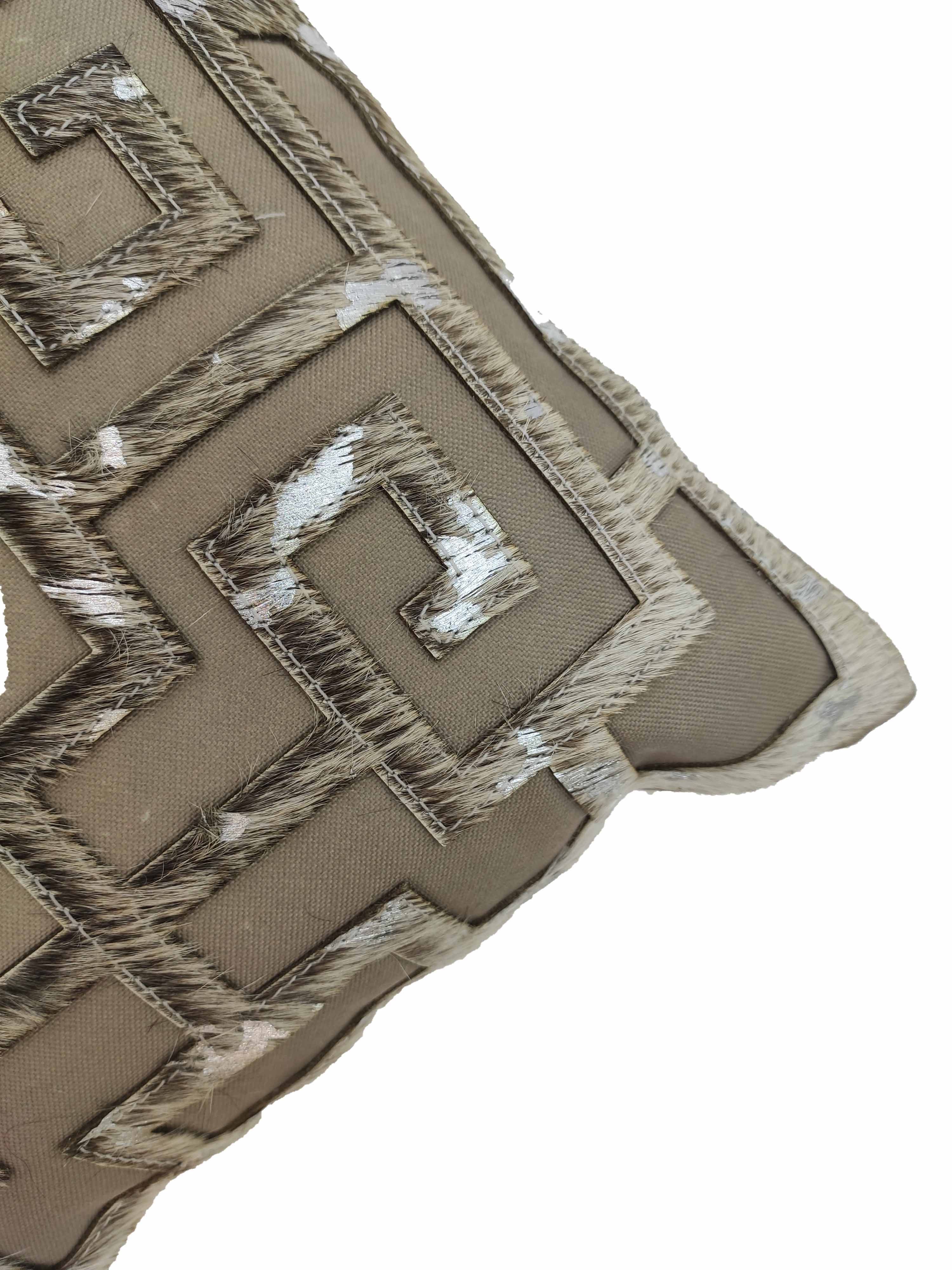 A close-up of the RAMSHA HOME Modern Cushion CS-107, a brown and beige decorative pillow with a geometric pattern, textured embroidery, and luxurious padding that offers superior support, shown against a white background.