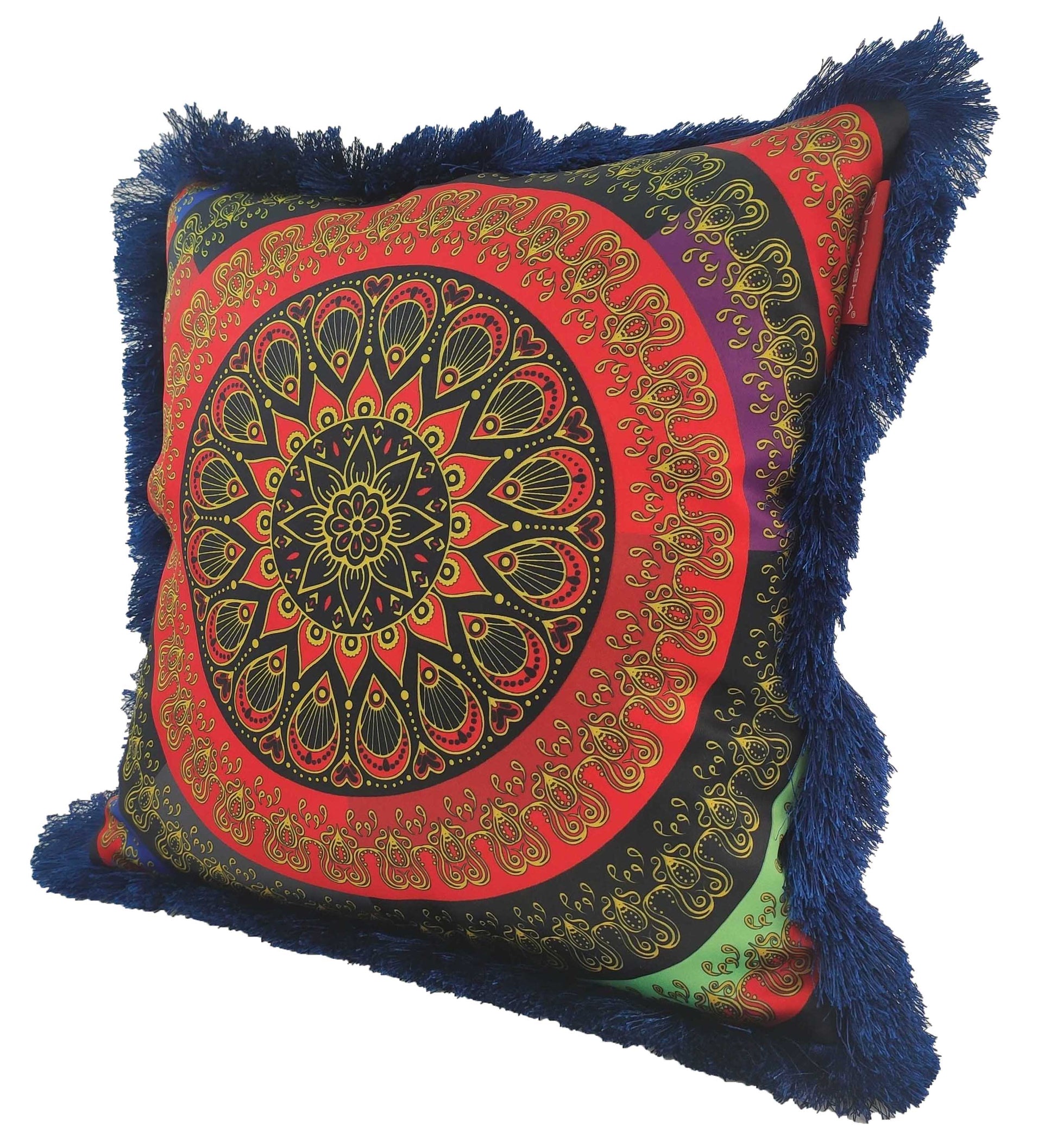 RAMSHA HOME’s Polyester Home Decor Cushion With Filler CS-054 features an intricate red, yellow, and black mandala pattern with blue fringe edges—swirling, symmetrical shapes and a floral center add a modern touch to any space.
