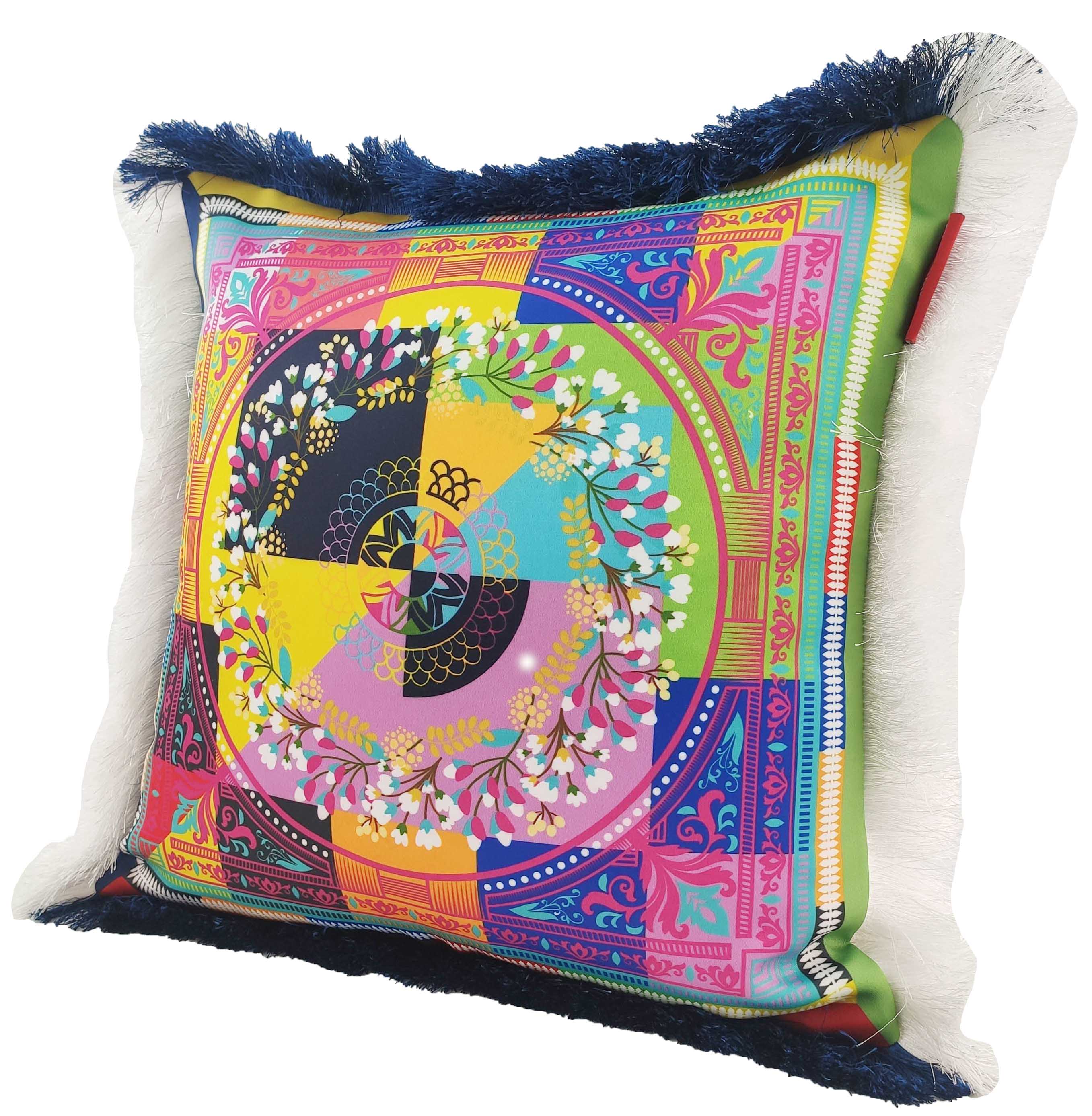 The RAMSHA HOME Modern Printed Cushion With Filler CS-057 features a vibrant geometric and floral pattern, blue fringed edges, and a soft white border—ideal for adding cozy style to any space.