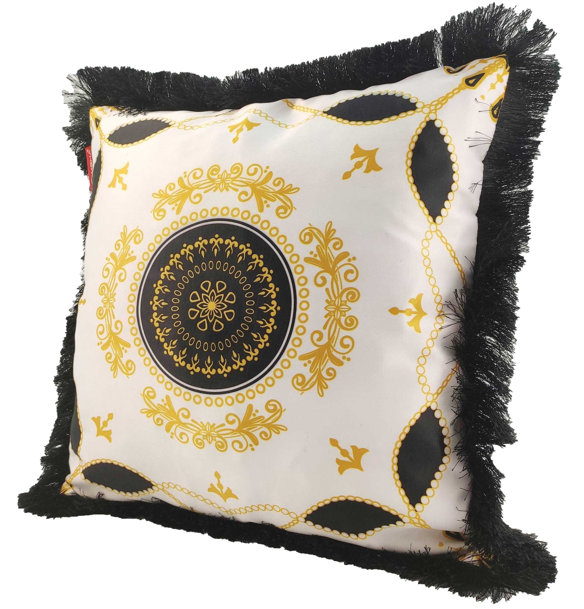 The RAMSHA HOME Cushion With Filler Multi Color CS-055 features a white base, ornate gold and black center pattern, and black fringed edges. Made of polyester, this elegant cushion adds a stylish accent to any room.