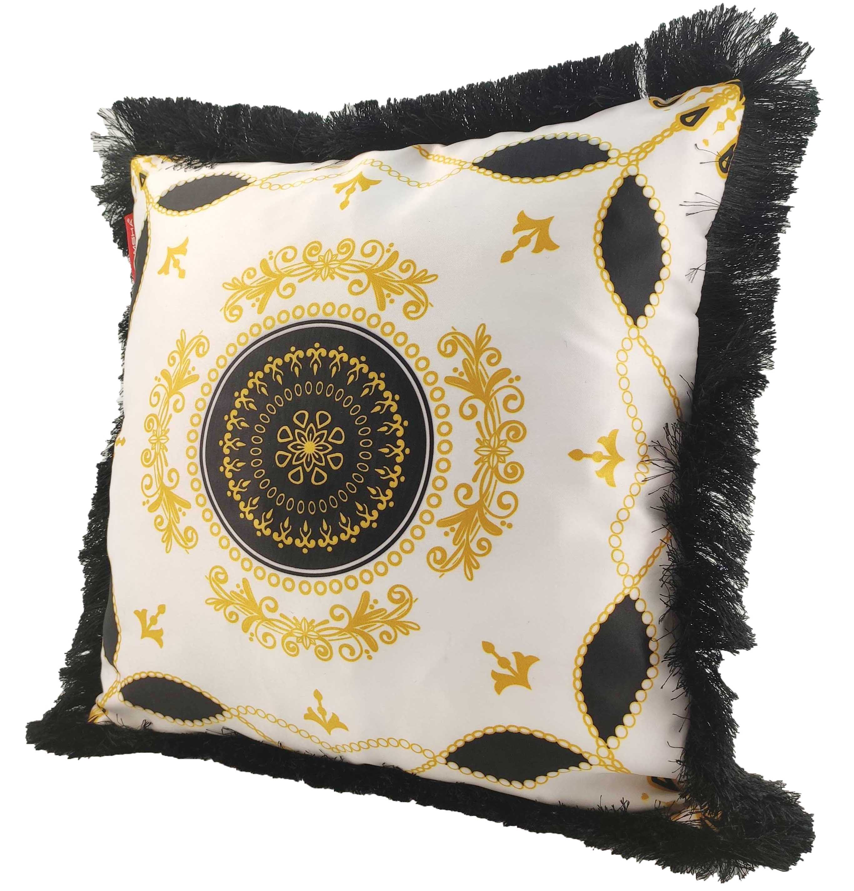 The RAMSHA HOME Cushion With Filler Multi Color CS-055 features a white base, ornate gold and black center pattern, and black fringed edges. Made of polyester, this elegant cushion adds a stylish accent to any room.