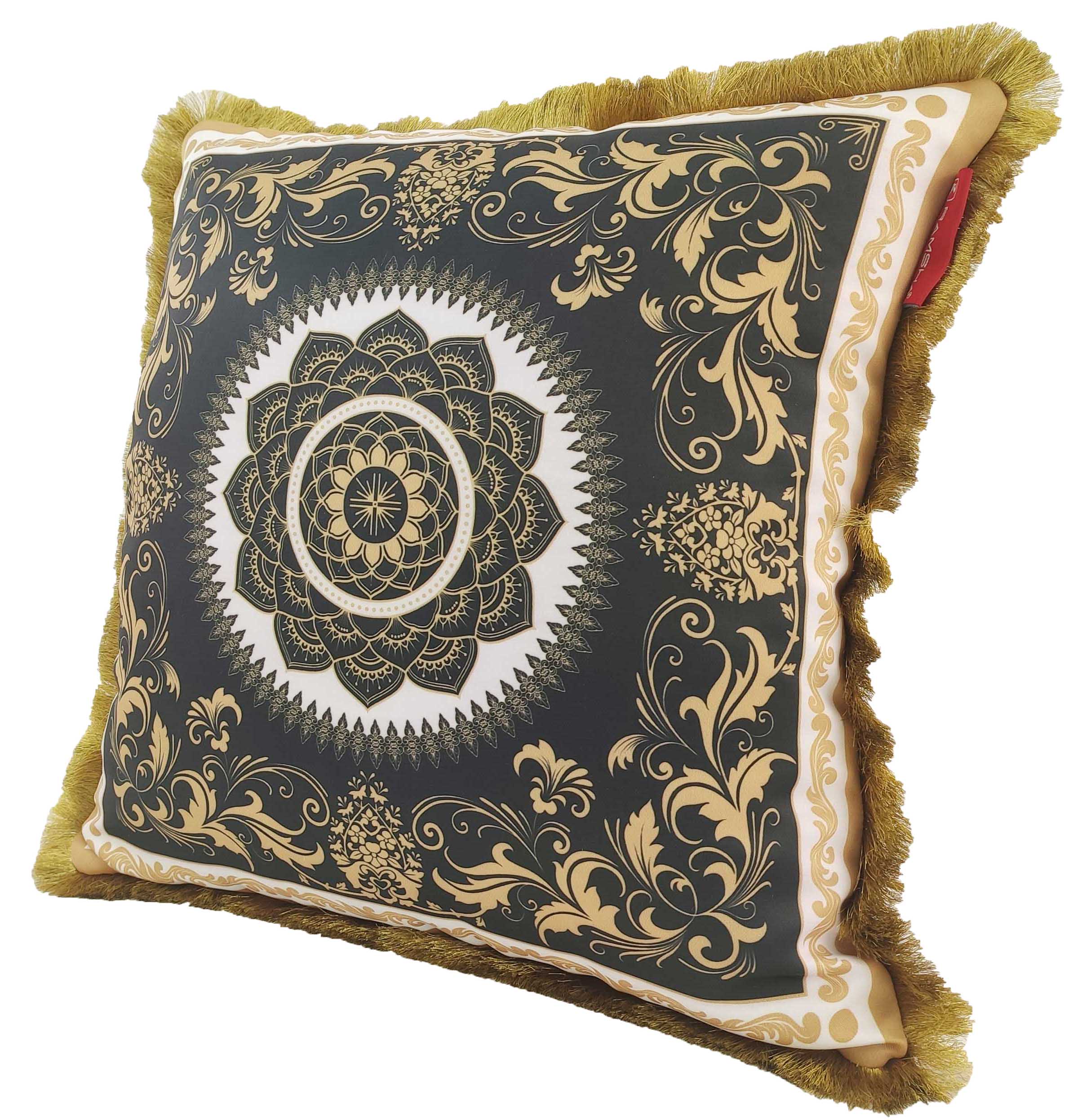 The RAMSHA HOME Digital Printed Cushion With Filler CS-056 features ornate gold and black mandala and floral designs, gold fringe edges, a slightly shiny finish, and a soft, filled cushion for extra comfort.