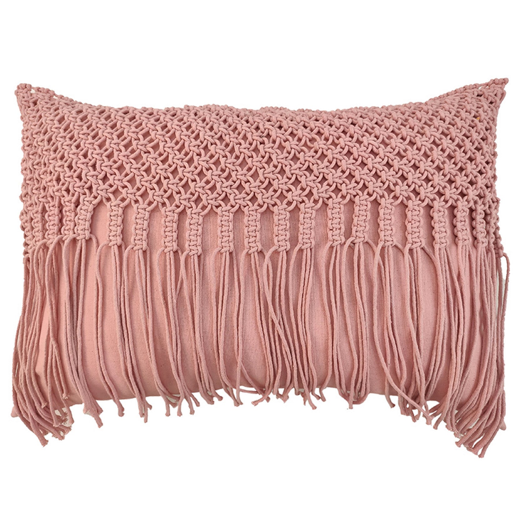 The RAMSHA HOME Macrame Cotton Cushion With Filler is a rectangular pink cushion with a textured, knitted top and long fringe tassels—perfect for adding stylish charm to your home decor.