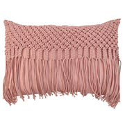 The RAMSHA HOME Macrame Cotton Cushion With Filler is a rectangular pink cushion with a textured, knitted top and long fringe tassels—perfect for adding stylish charm to your home decor.