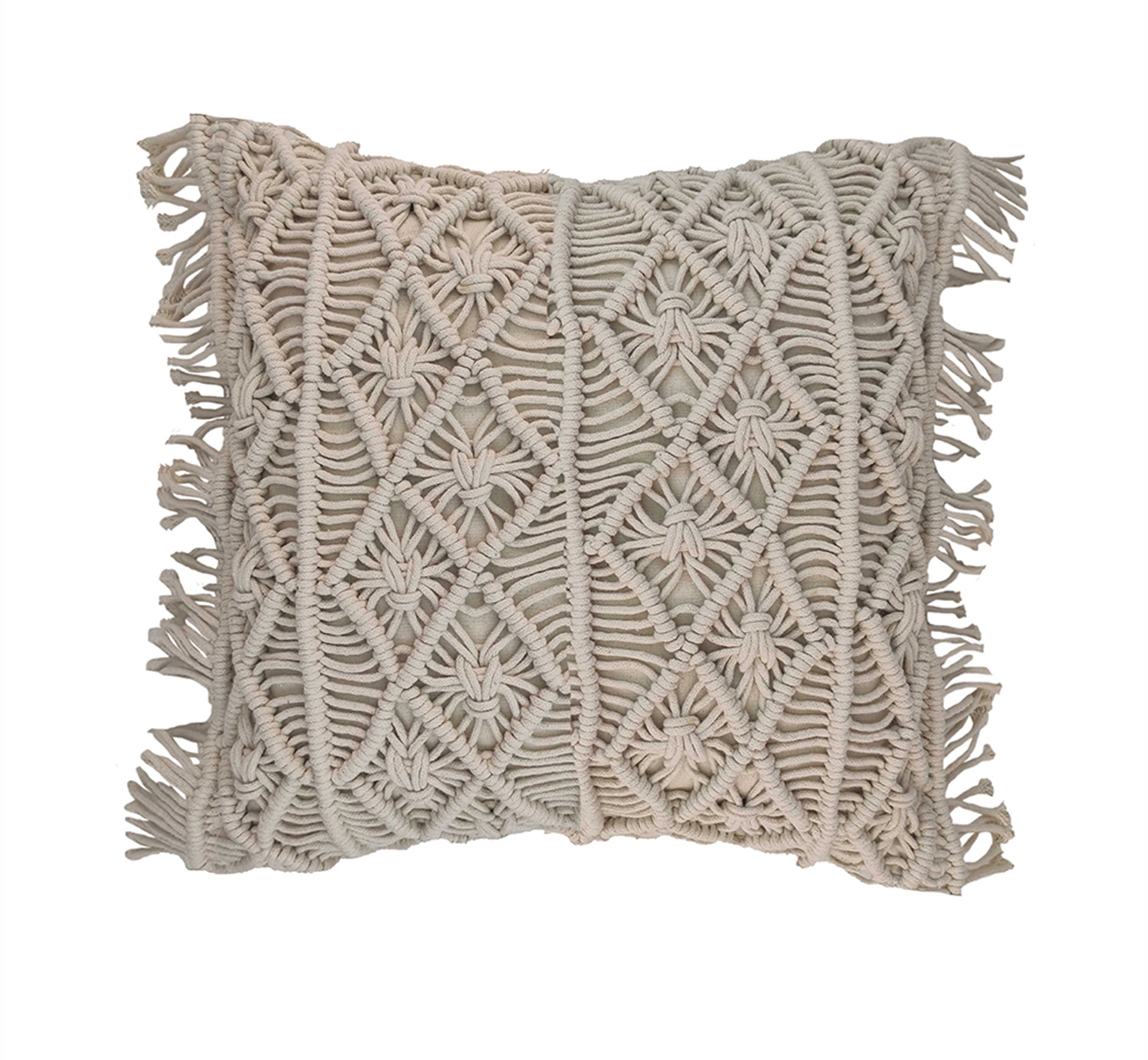 The RAMSHA HOME Macrame Cotton Cushion With Filler features an intricate, cream macramé diamond design and fringe edges, adding texture and charm to any space. Perfect for stylish decor on sofas or beds.