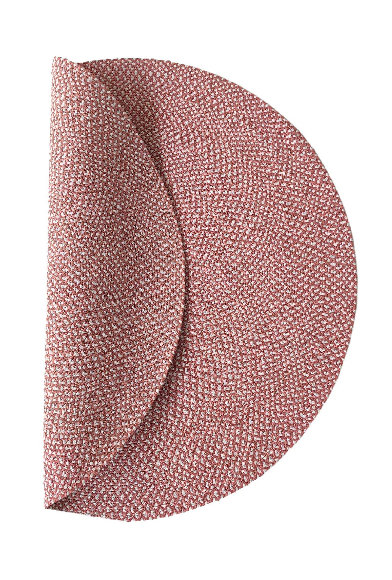 The RAMSHA HOME Handmde Pink Color Round Rug BR 011 features a textured, woven design in muted pink. Shown folded in half, it forms a semi-circle that highlights its beautiful braided pattern.