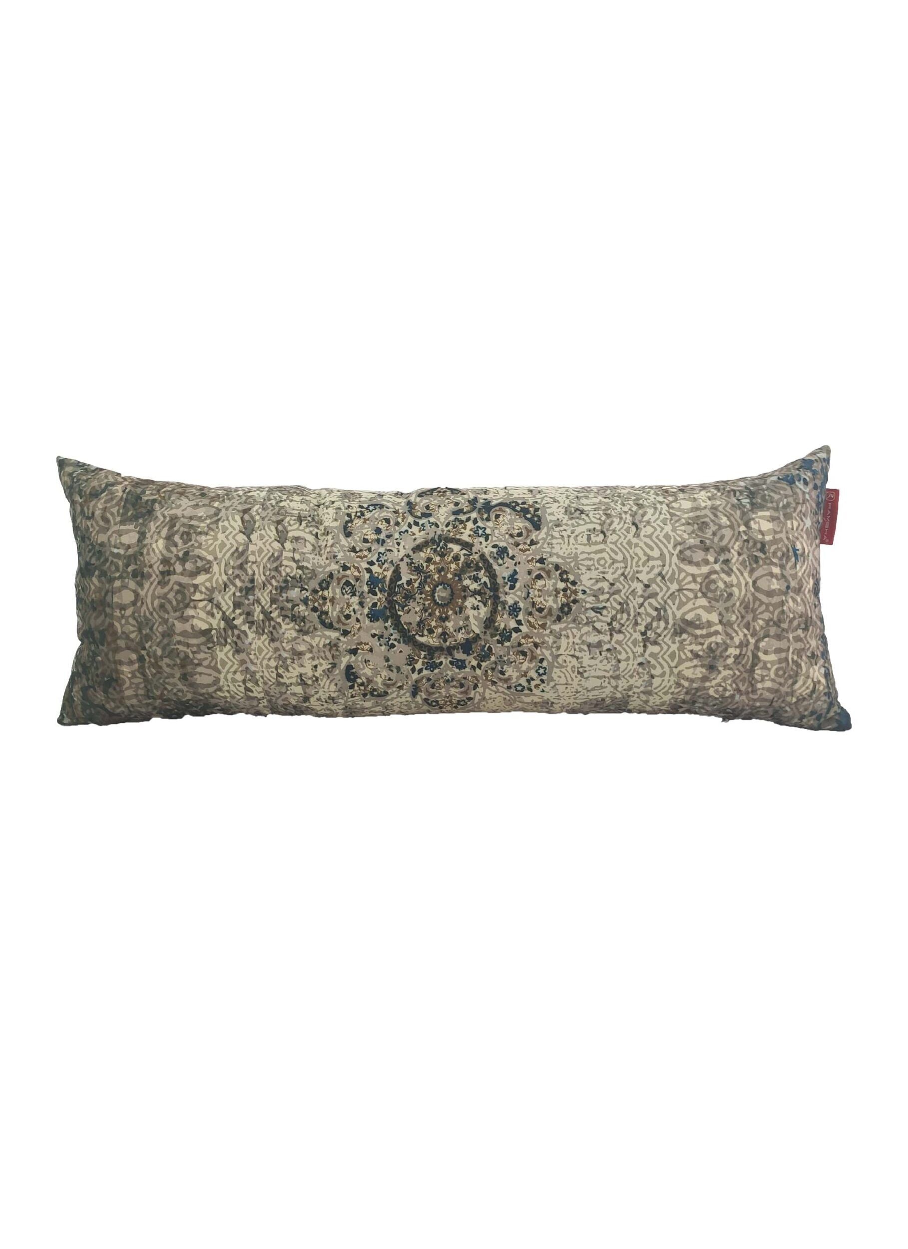 RAMSHA HOME Printed Cushion With Filler Multi Color CS-088 features a long rectangular shape with an ornate brown and beige pattern and a circular design on a white background, adding sophisticated style to your space.