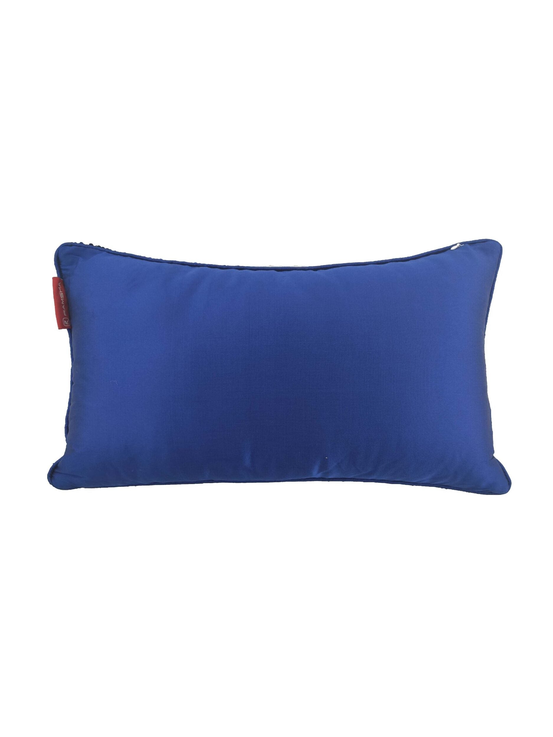 The RAMSHA HOME Polyester Double Color Changing Cushion With Filler features a smooth rectangular surface, blue color, and a small red tag on the side, displayed against a white background.
