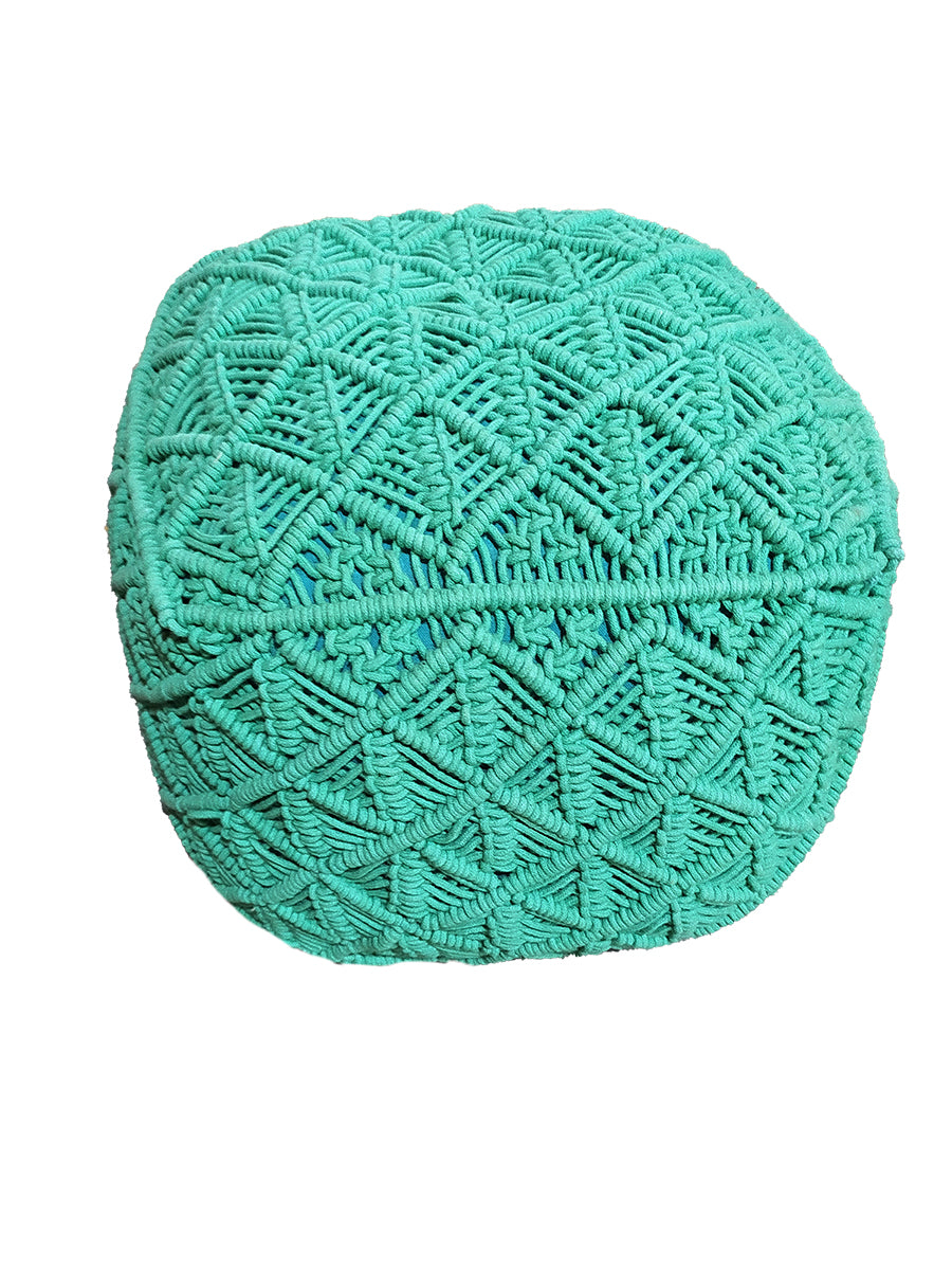 The RAMSHA HOME Macrame Cotton Pouf is a square teal ottoman with an intricate geometric pattern, offering comfortable seating and boho-style charm, shown against a white background.