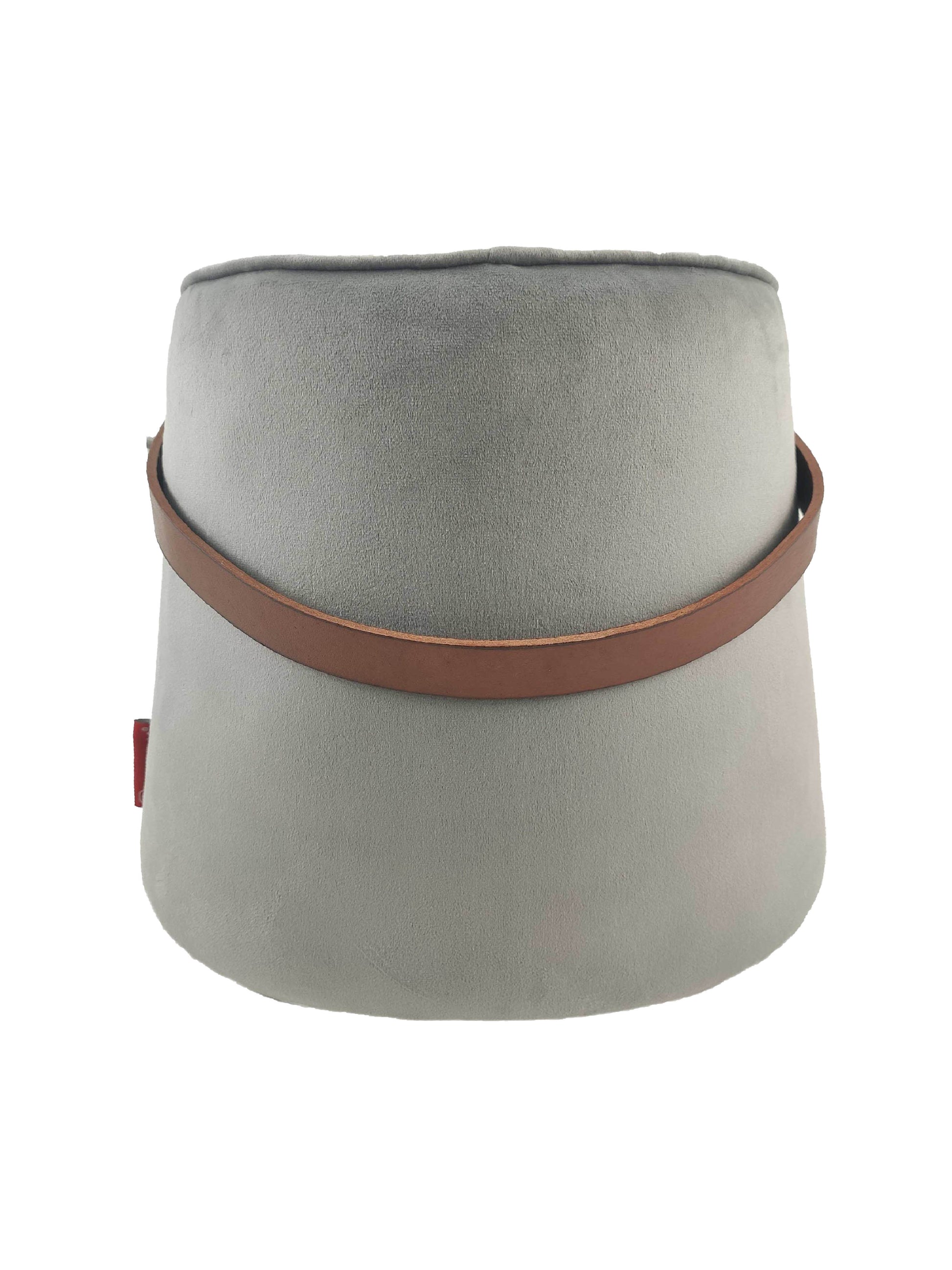 The RAMSHA HOME Leather Pedestal Pouf With Leather Handle features a light gray, cylindrical shape, a soft velvety leather finish, and a brown leather strap handle wrapped diagonally, shown against a white background.