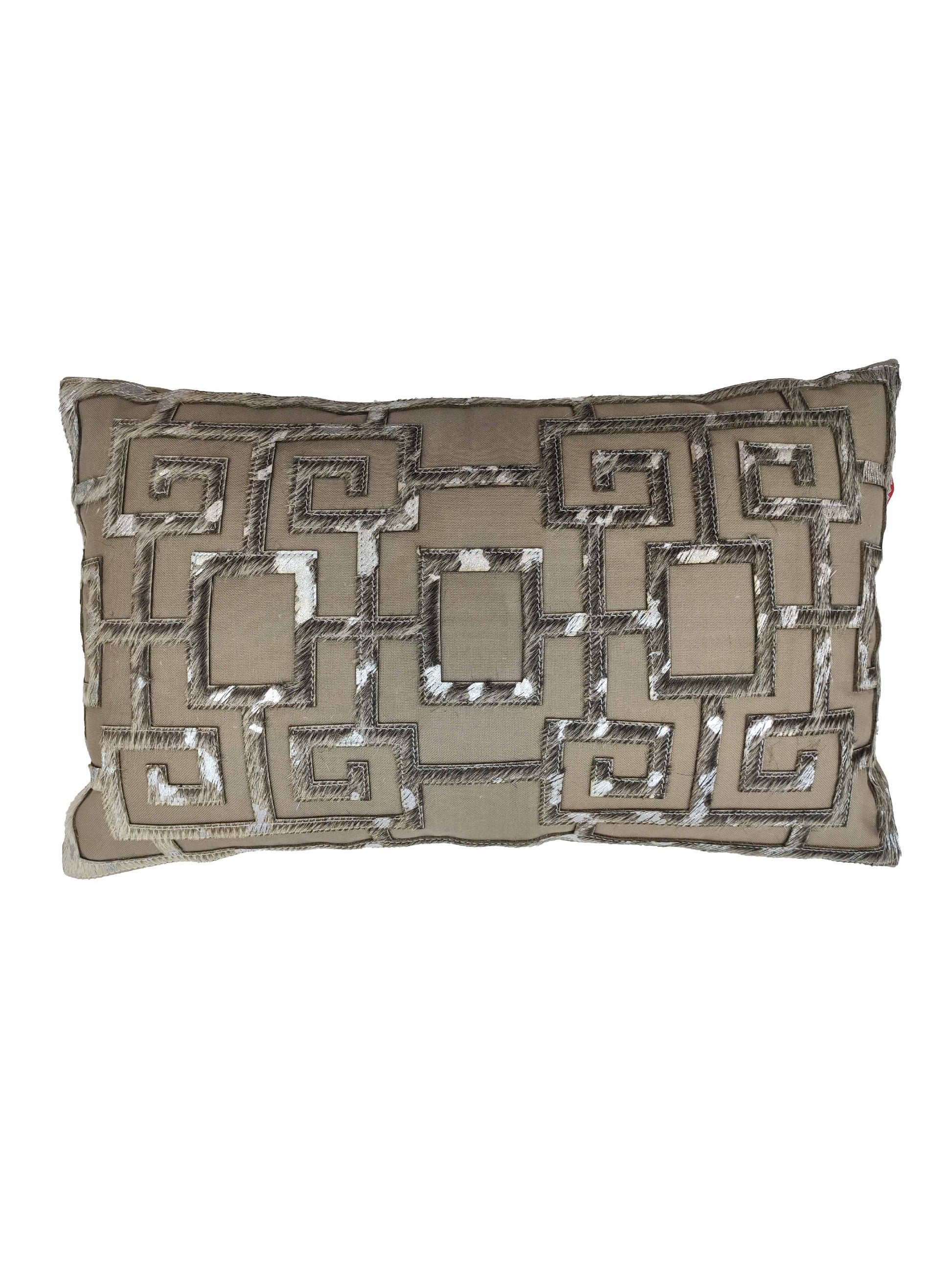 The RAMSHA HOME Modern Cushion CS-107 is a rectangular beige cushion with embroidered geometric patterns in dark brown and cream, providing luxurious padding and superior support.