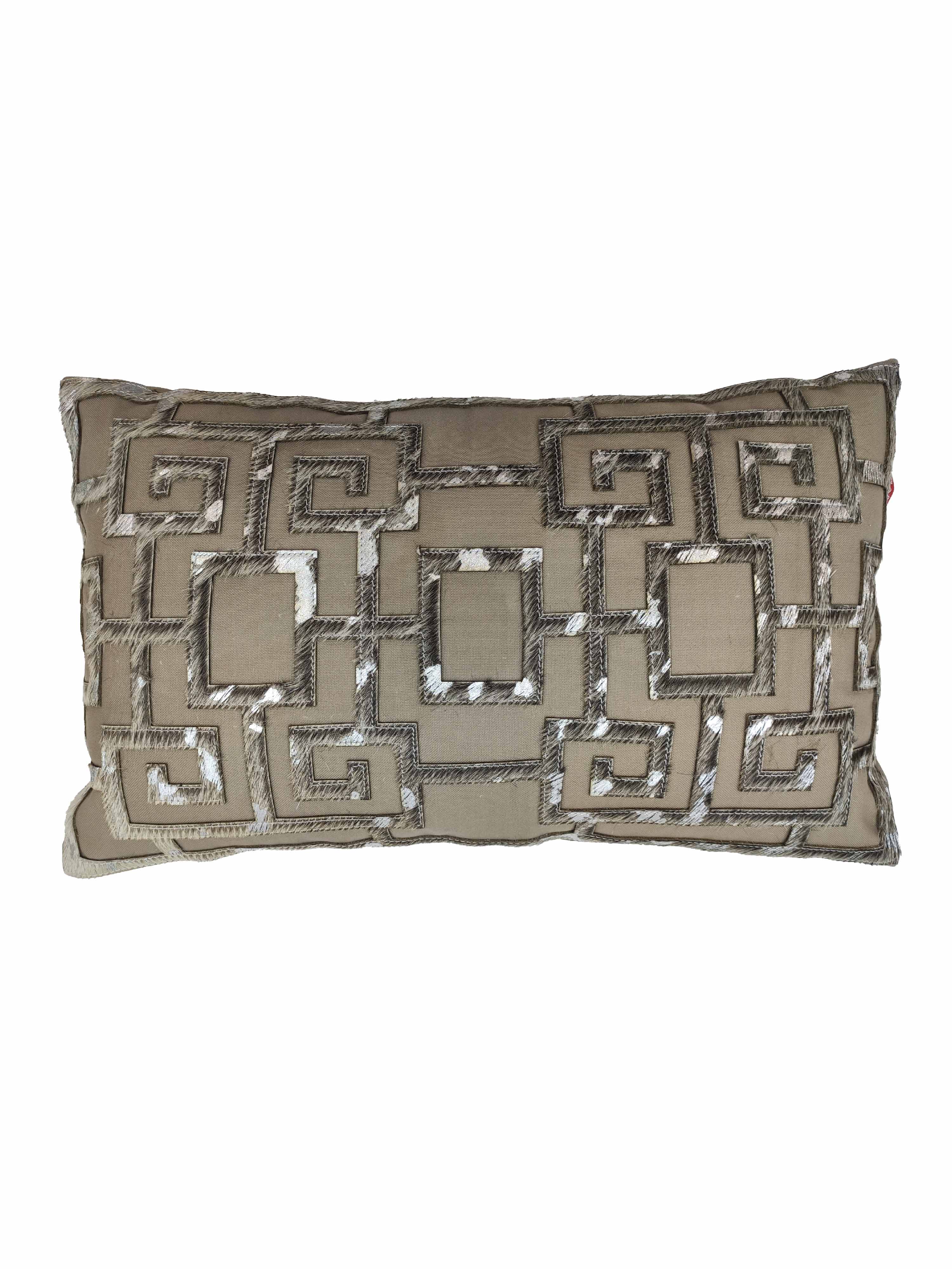 The RAMSHA HOME Modern Cushion CS-107 is a rectangular beige cushion with embroidered geometric patterns in dark brown and cream, providing luxurious padding and superior support.