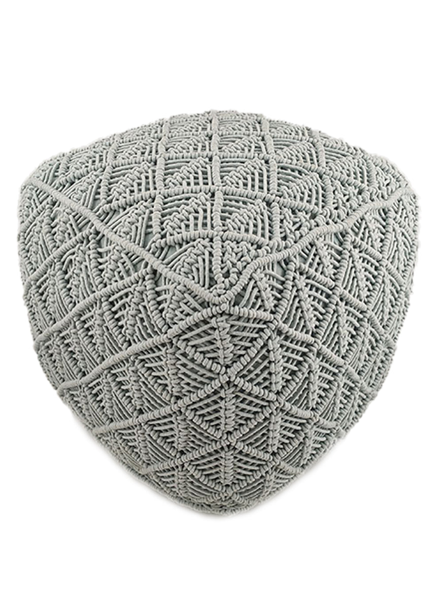 The Macrame Cotton Pouf from RAMSHA HOME features a gray, triangular design with textured geometric woven patterns—ideal for adding boho-style charm to any room.