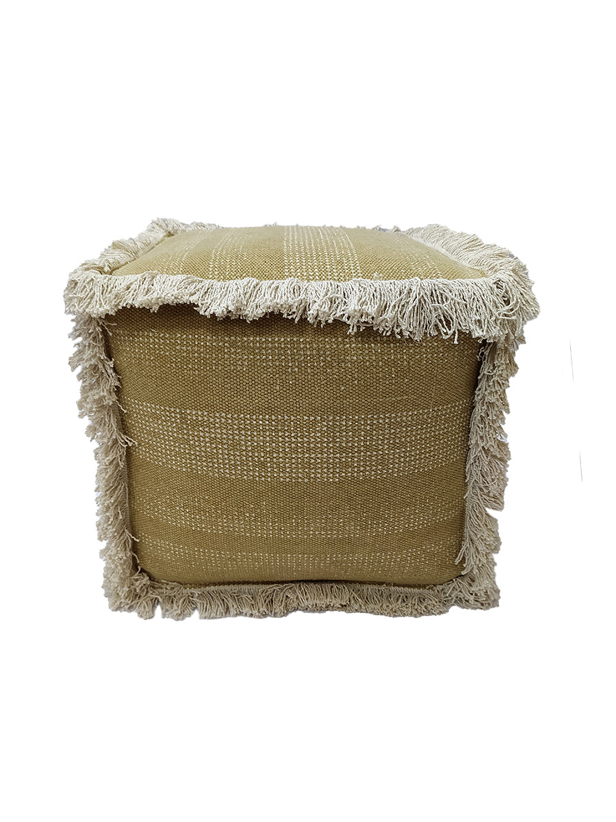 The RAMSHA HOME Pouf With Leather Handle PF-049 features beige fabric with subtle horizontal stripes, a leather handle, and fringe edging, shown against a white background.