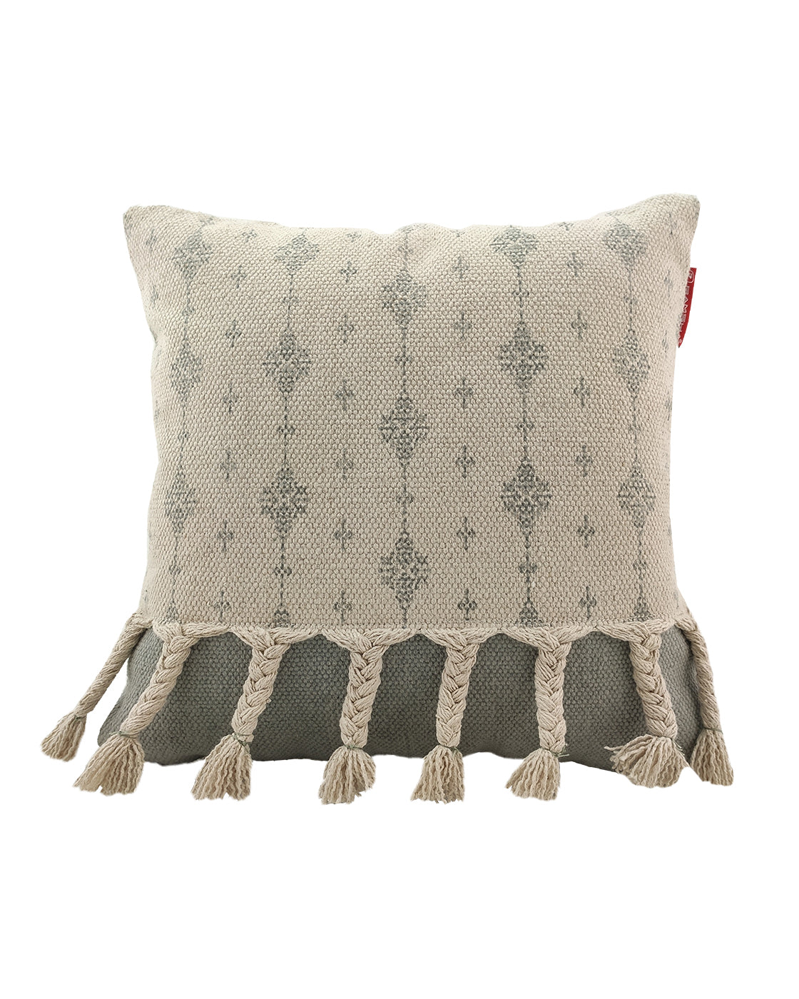 The RAMSHA HOME Printed Cotton Cushion With Fringes cs-172 is a square cushion with a textured beige and gray pattern, fringe detail along the bottom edge, and a plush insert for added comfort.