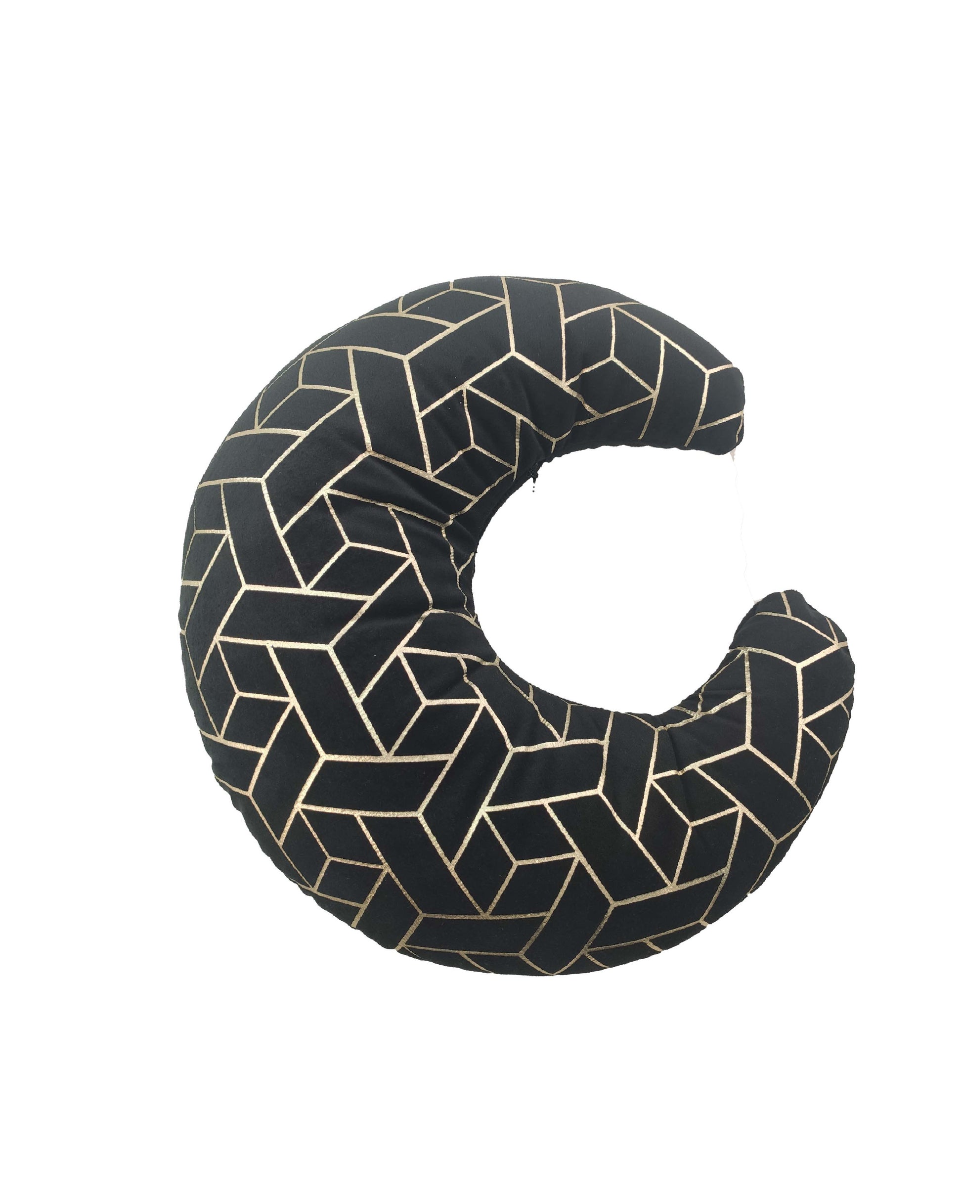 The RAMSHA HOME Velvet Moon Shape Cushion CS-110 features a crescent design in black velvet with a geometric gold line pattern, making it a stylish decor accessory for your living space. Photographed on a white background.