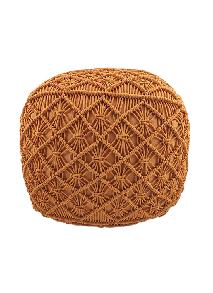 The Macrame Cotton Pouf by RAMSHA HOME features a rectangular cotton design with textured, diamond-patterned weaving in warm burnt orange, bringing subtle boho-style charm to any space.