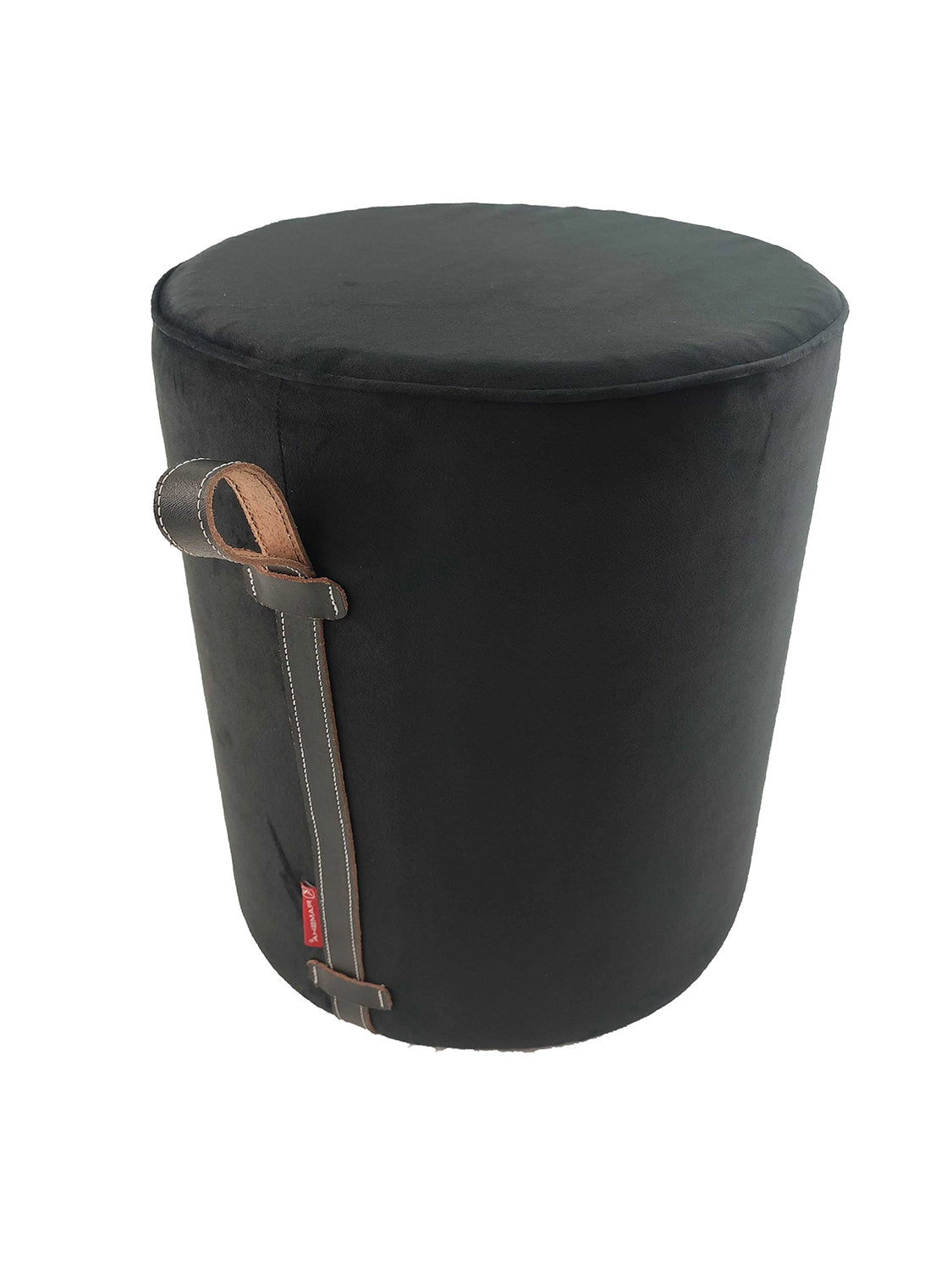 The RAMSHA HOME Leather Pedestal Pouf With Leather Handle is round and black, featuring visible stitching and a brown leather handle on the side. Shown against a plain white background.