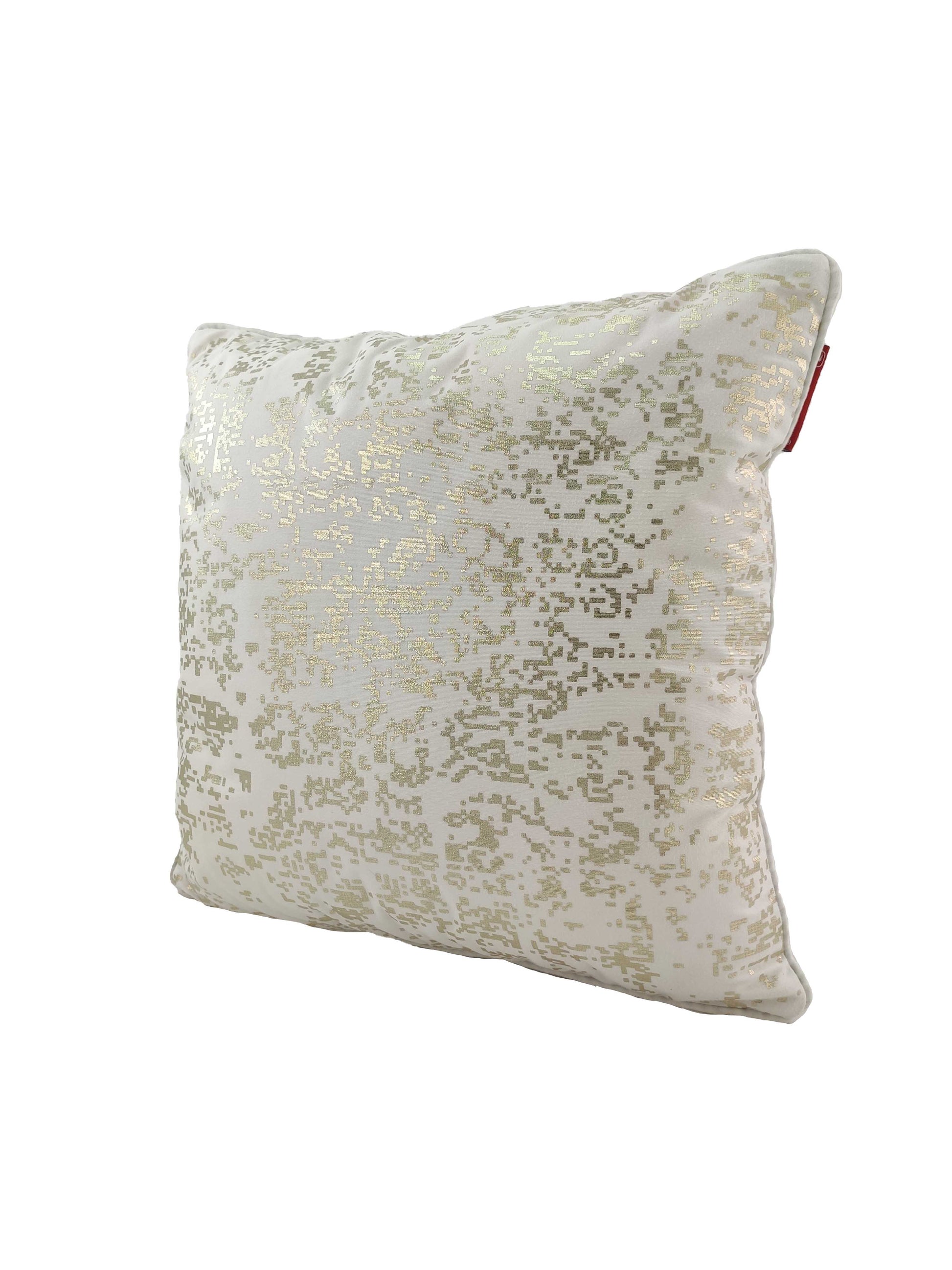 The RAMSHA HOME White & Gold Color Cushion Cover CS-129 features a white base with a gold pixelated pattern, polyester fabric, slightly rounded edges, and a red tag—ideal for luxurious home decor.