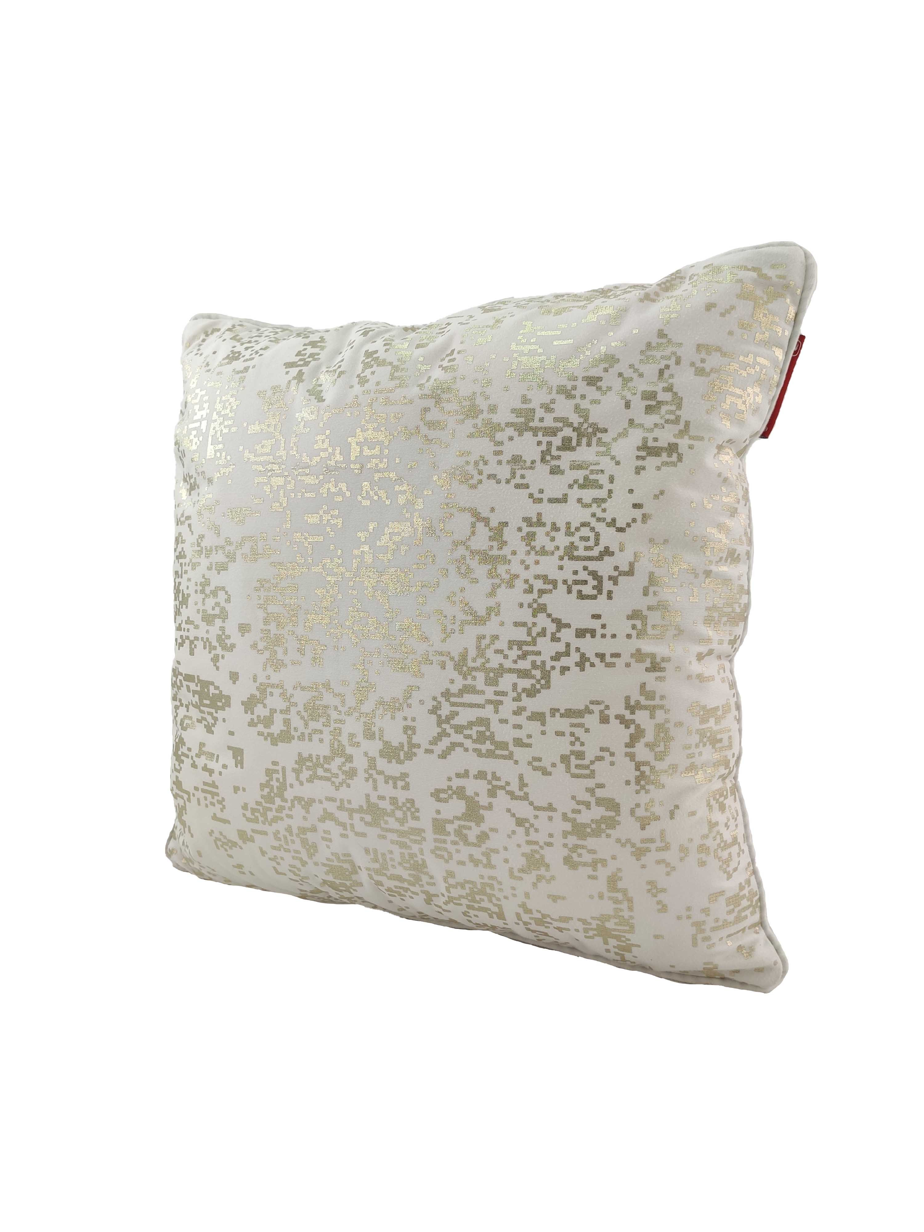 The RAMSHA HOME White & Gold Color Cushion Cover CS-129 features a white base with a gold pixelated pattern, polyester fabric, slightly rounded edges, and a red tag—ideal for luxurious home decor.