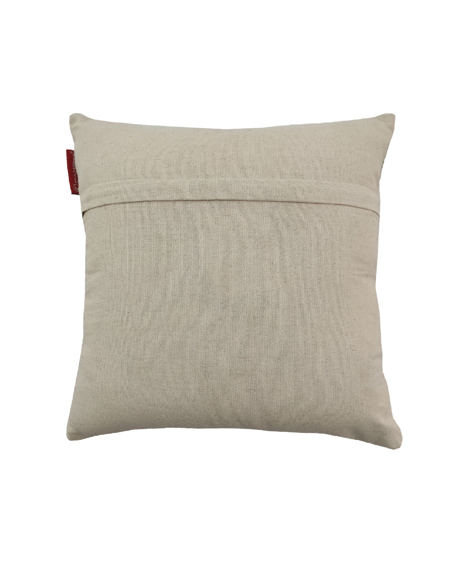 The RAMSHA HOME Printed Cotton Cushion With Fringes cs-172 is a square beige cotton cushion with a visible horizontal seam, red fabric tag on the left, plush insert, and fringe edging, shown against a white background.