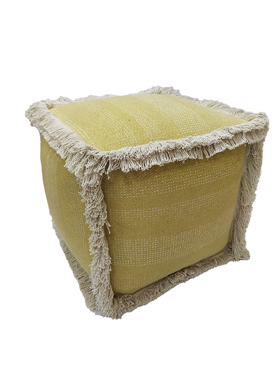 The RAMSHA HOME Pouf With Leather Handle PF-049 is a yellow square ottoman featuring textured fabric, beige fringe trim, and a convenient leather handle, shown against a white background.