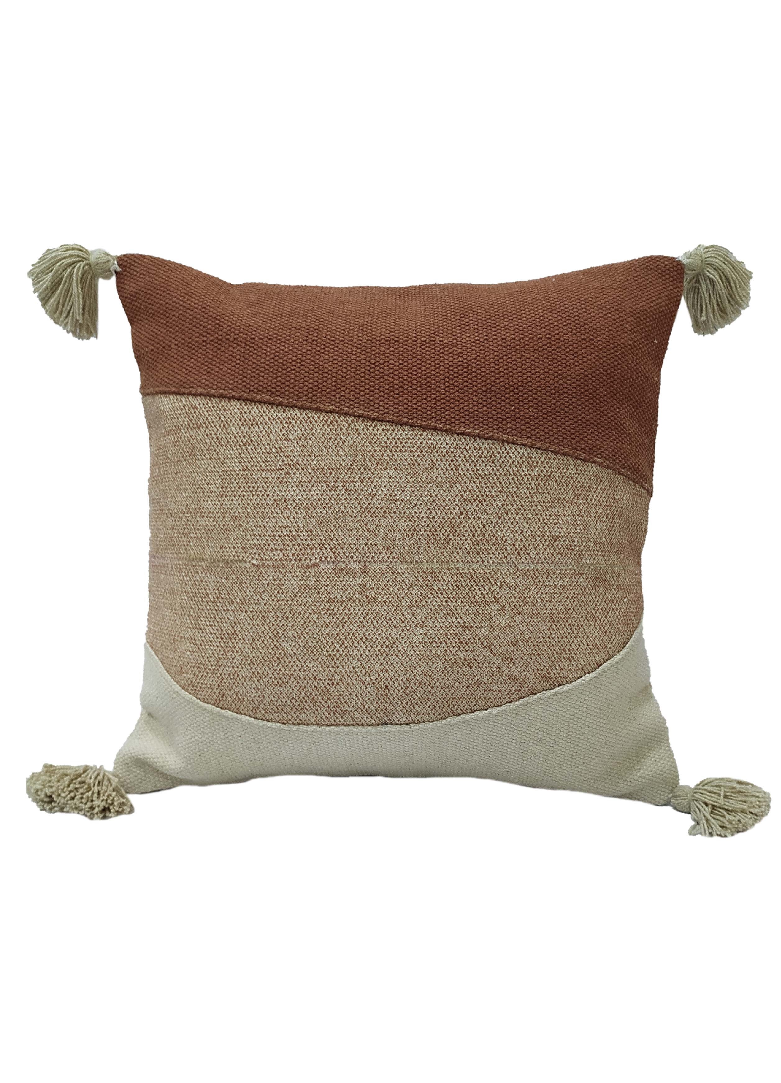 The RAMSHA HOME Multi Color Cotton Cushion CS-135 features a geometric design in brown, beige, and tan with four light beige tassels and textured fabric, making it a stylish addition to any room.