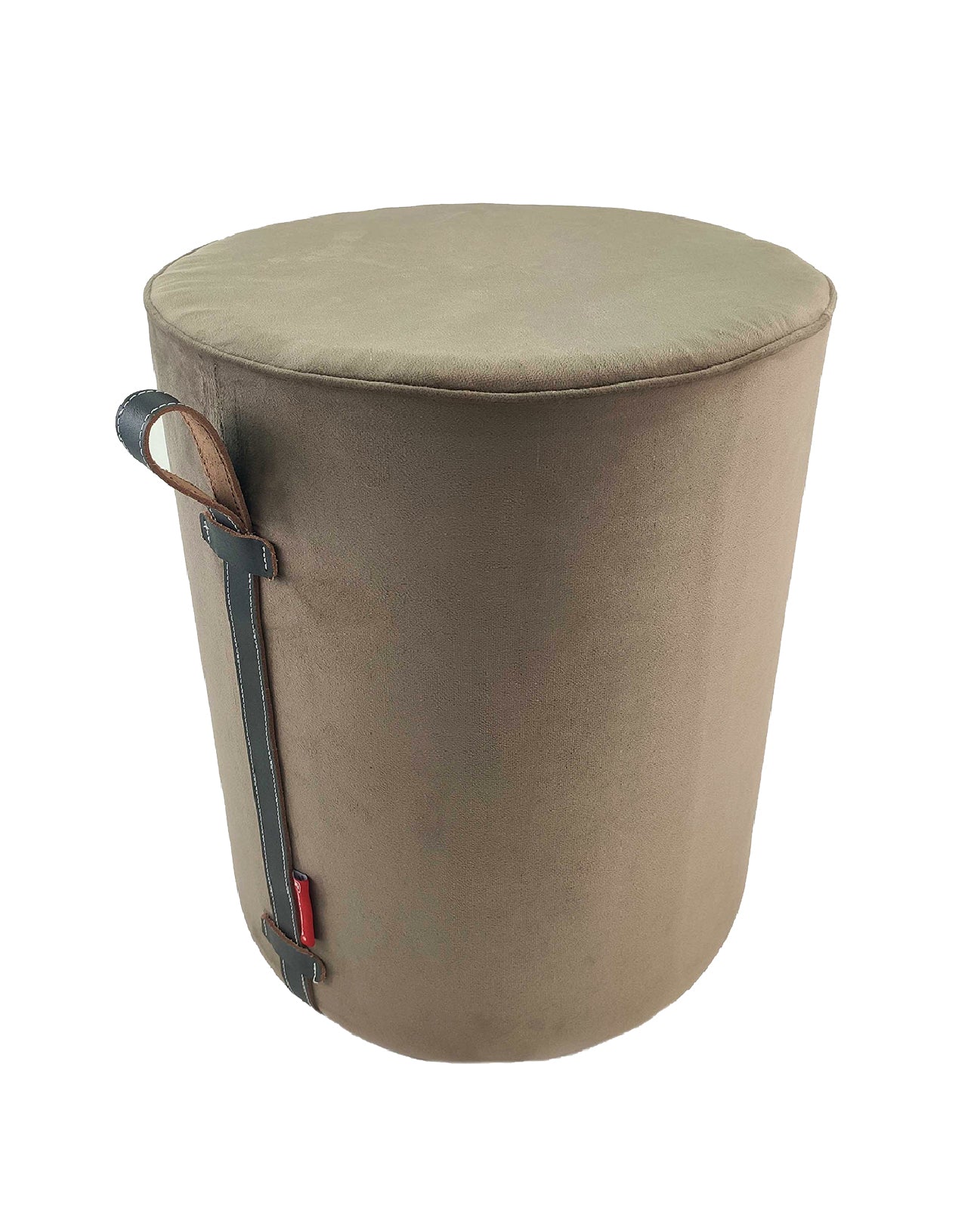 The Leather Pedestal Pouf With Leather Handle by RAMSHA HOME features a round, light brown design with a soft fabric surface and a stylish leather handle, offering modern comfort and elegance.