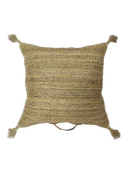 The RAMSHA HOME Jute Cushion CS-134-T features a square, woven design in natural earthy tones with a textured surface and tassels at each corner—a stylish addition to modern home décor.