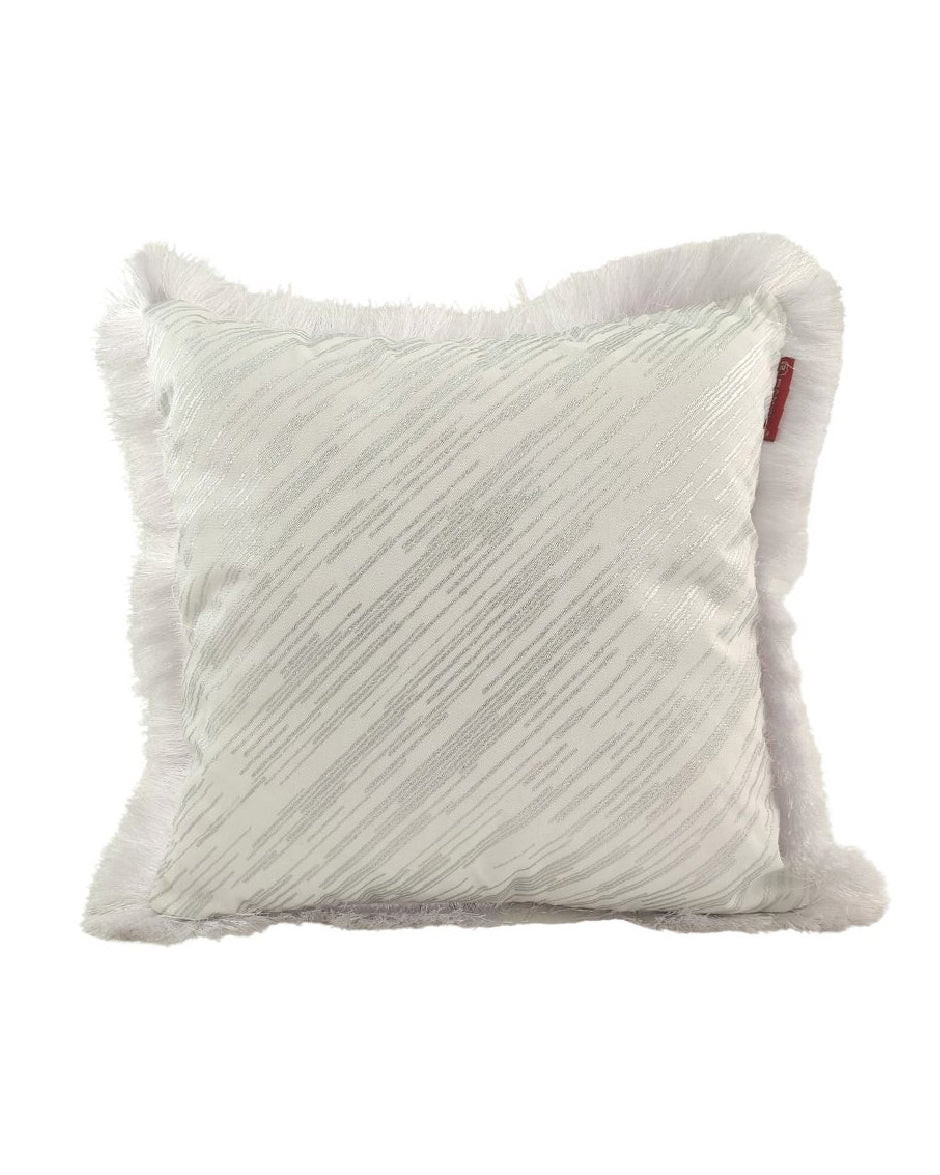 The RAMSHA HOME Modern Cushion CS-124 is a square, white contemporary cushion featuring subtle diagonal silver stripes and fluffy, textured edges, shown against a plain white background.