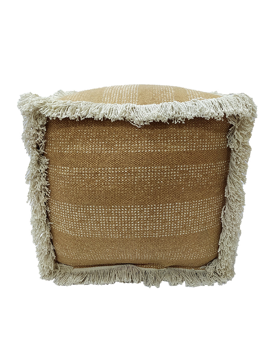 The RAMSHA HOME Pouf With Leather Handle PF-049 is a square, brown woven cushion with subtle light stripes, cream fringe on all edges, rustic texture, and a practical leather handle for easy carrying. Shown on a white background.