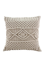 The Woven Macrame Cotton Cushion cs-165 by RAMSHA HOME features a cream, textured cover with intricate geometric patterns and a soft polyester fiber fill for luxurious comfort.