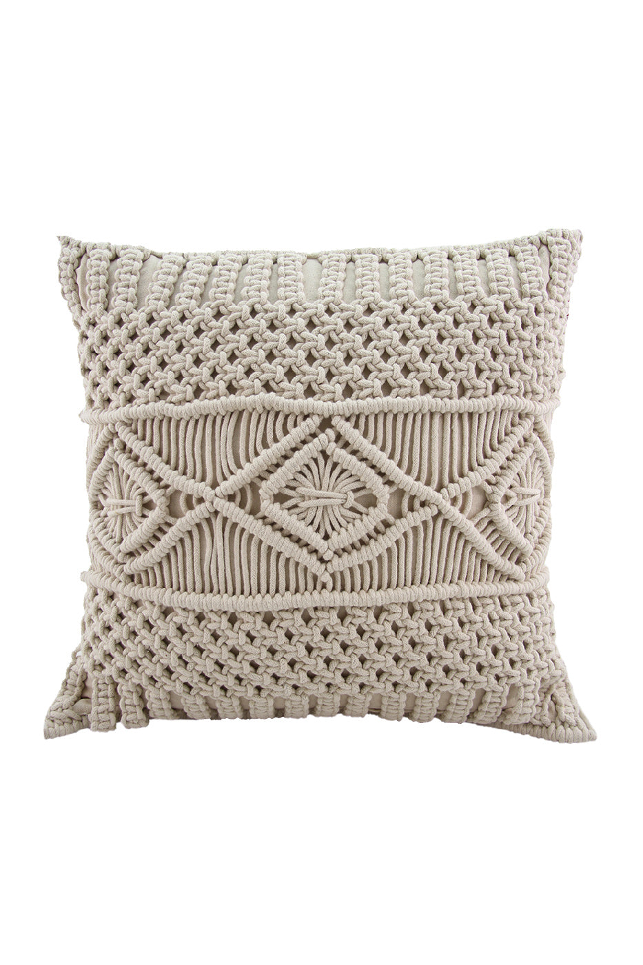 The Woven Macrame Cotton Cushion cs-165 by RAMSHA HOME features a cream, textured cover with intricate geometric patterns and a soft polyester fiber fill for luxurious comfort.