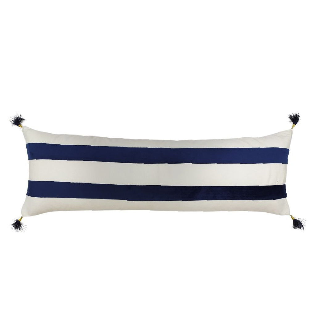 The RAMSHA HOME 100% Polyester Cushion CS-137 in white and blue features horizontal navy stripes and black tassels at each corner, bringing a stylish touch to any space. Pre-filled and ready to enhance your decor.