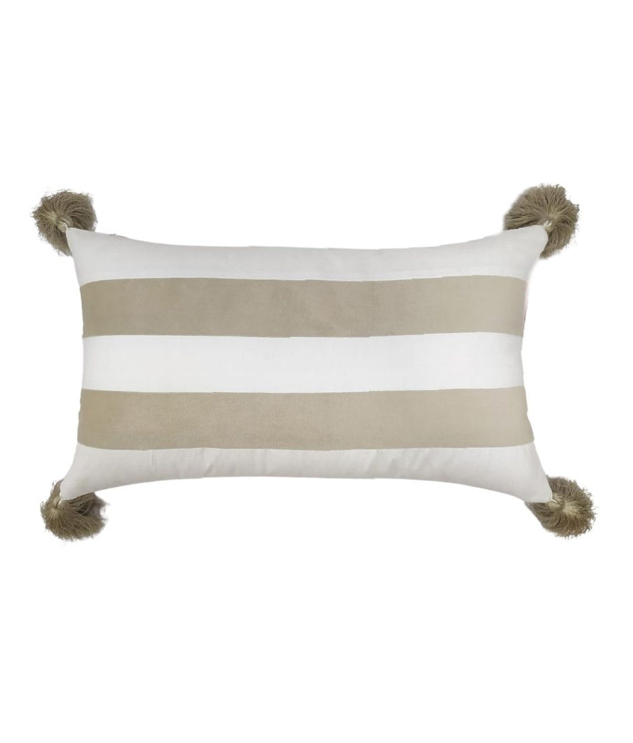 The RAMSHA HOME White & Light Beige Color Cushion CS-136 features wide beige and white stripes, four brown tassels on each corner, and plush filling—ideal for stylish living room comfort. Shown on a white background.