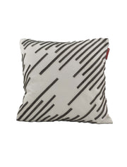 The RAMSHA HOME Leather And Polyester Cushion CS-109 is a square white cushion with diagonal black stitched lines in a modern abstract pattern and features a small red fabric tag on one side.