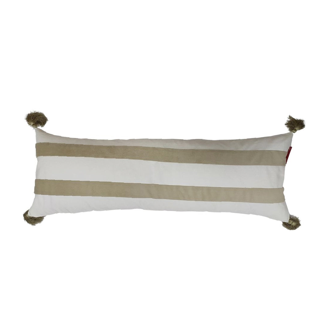The RAMSHA HOME White & Light Beige Color Cushion CS-136 is a rectangular white polyester cushion with two beige stripes and tassels on each corner—an ideal plush accent for your living room.