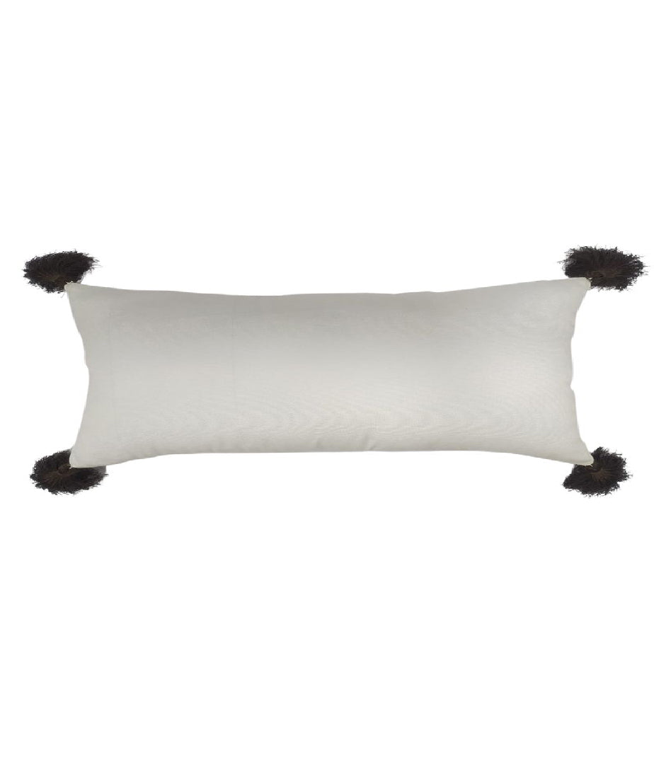 The White & Brown Cushion CS-138 by RAMSHA HOME features a rectangular white polyester design with black tassels on each corner, crafted from durable fabric—ideal for adding stylish flair to your home decor.