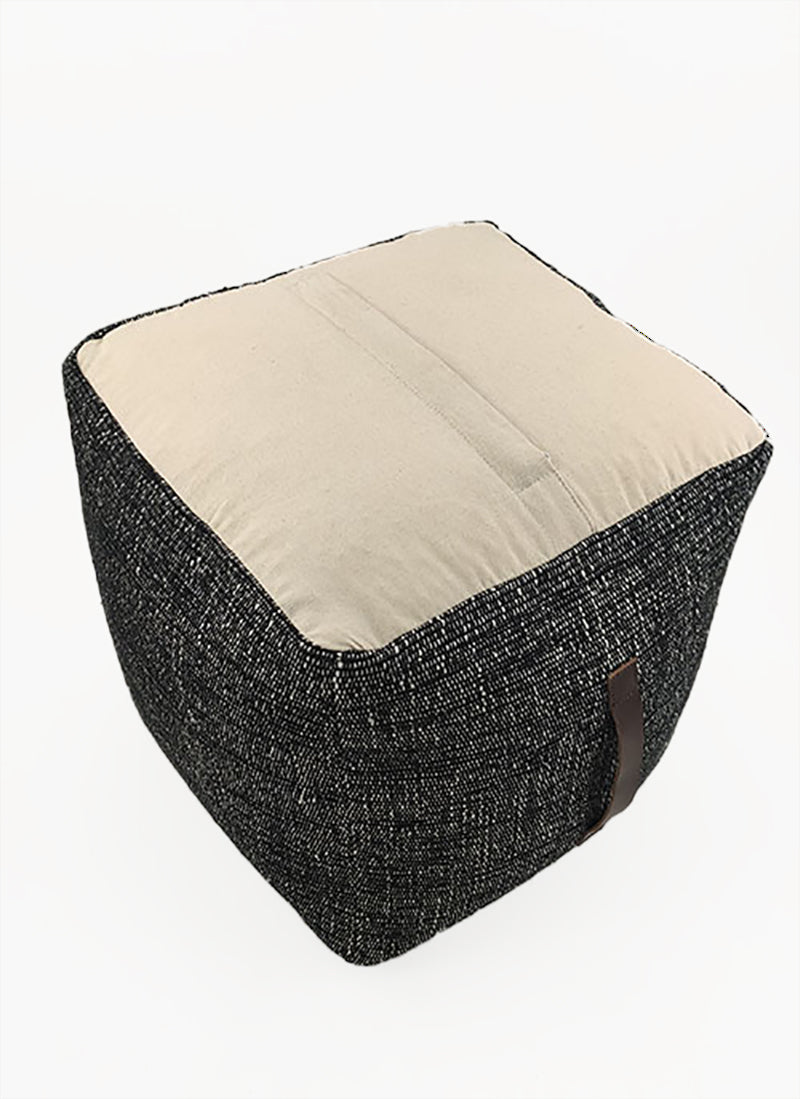 Black Cotton Pouf With Leather Handle PF-046