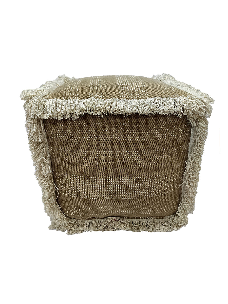 The Pouf With Leather Handle PF-049 by RAMSHA HOME is a square, brown woven pouf with beige stripes, fringed edges, textured fabric, and a leather handle for easy carrying, offering a casual rustic look.
