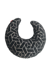 The RAMSHA HOME Velvet Moon Shape Cushion CS-110 features a black velvet crescent design with a white geometric line pattern, offering comfort and contemporary style to your living space decor.