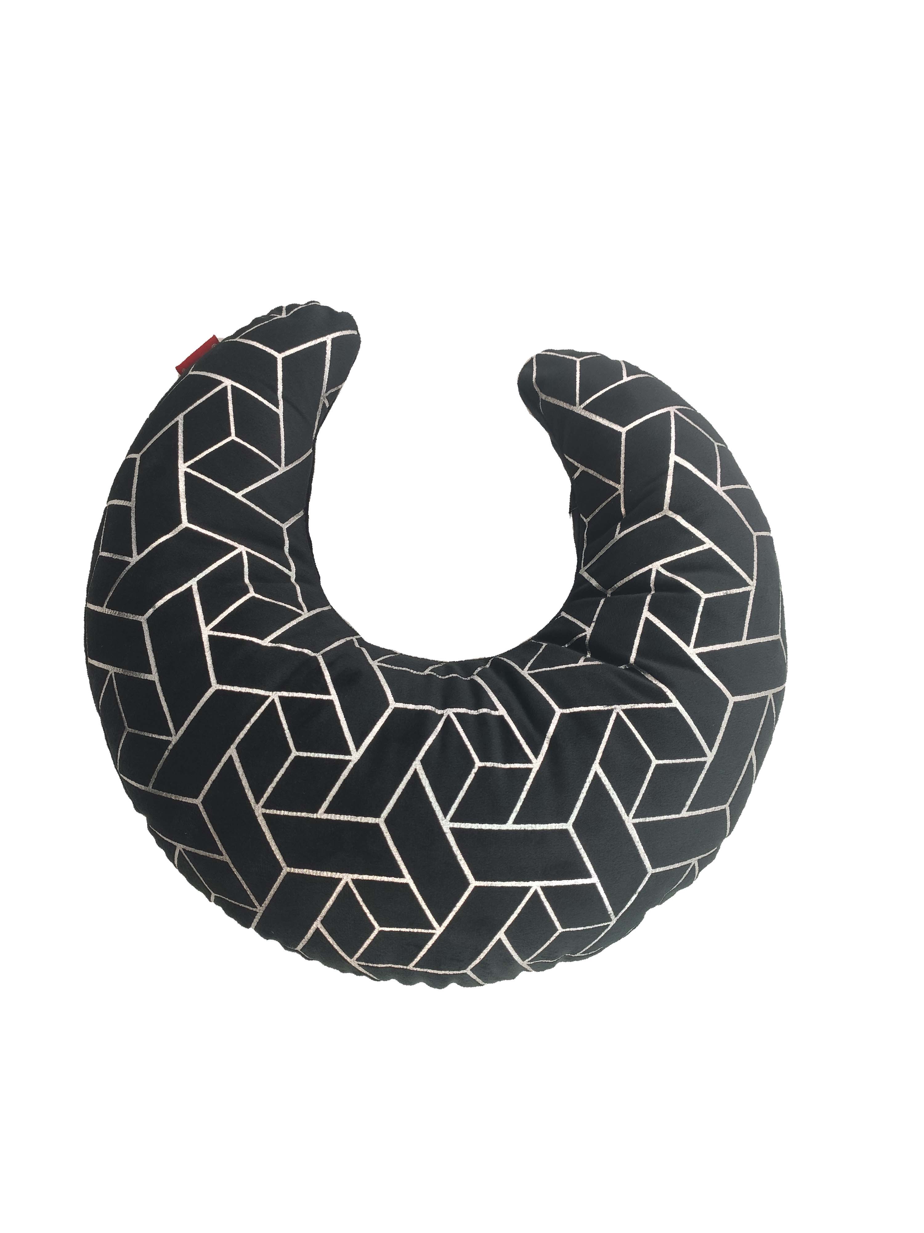 The RAMSHA HOME Velvet Moon Shape Cushion CS-110 features a black velvet crescent design with a white geometric line pattern, offering comfort and contemporary style to your living space decor.