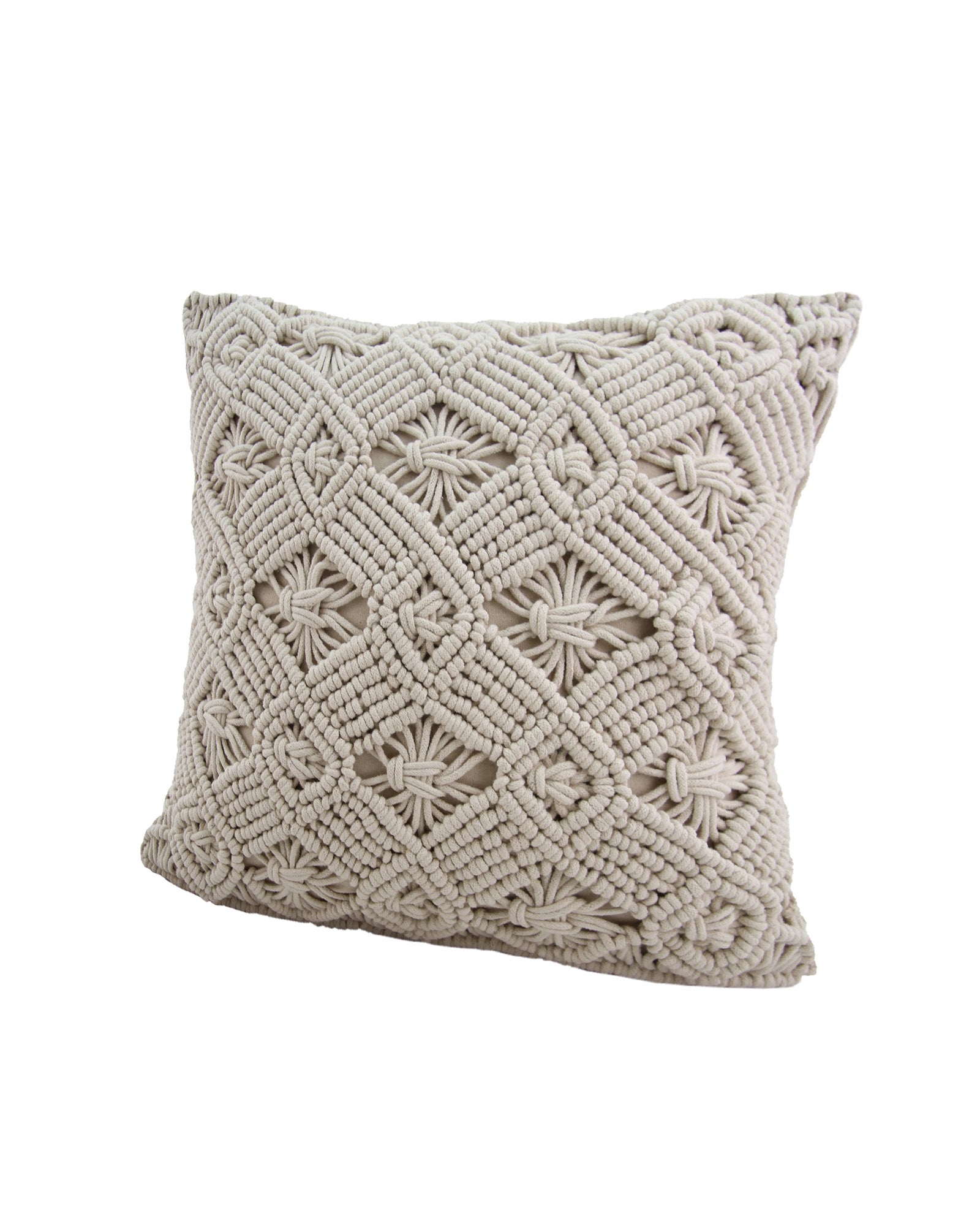 The RAMSHA HOME Woven Macrame Cotton Cushion cs-168 is a beige, square cushion featuring intricate diamond and knot patterns for a luxurious textured look.