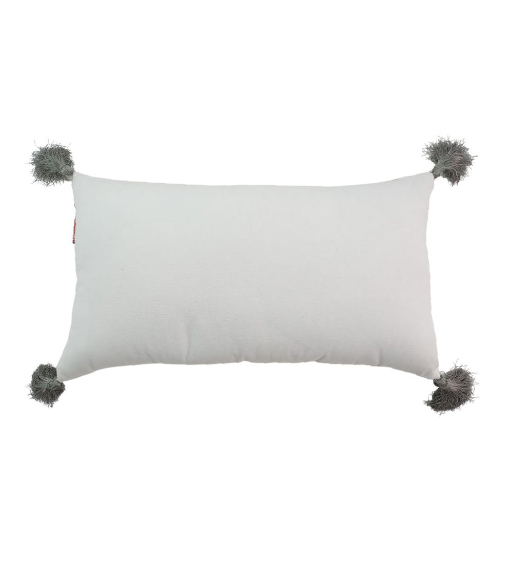 The RAMSHA HOME CS-139 White & Grey Cushion is a premium polyester rectangular cushion with gray corner tassels, shown on a plain white background.