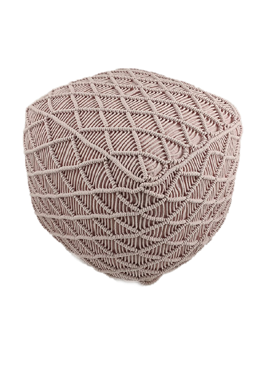 The RAMSHA HOME Macrame Cotton Pouf is a light pink, cube-shaped ottoman with a raised crisscross woven texture—ideal for adding boho-style charm to any space.