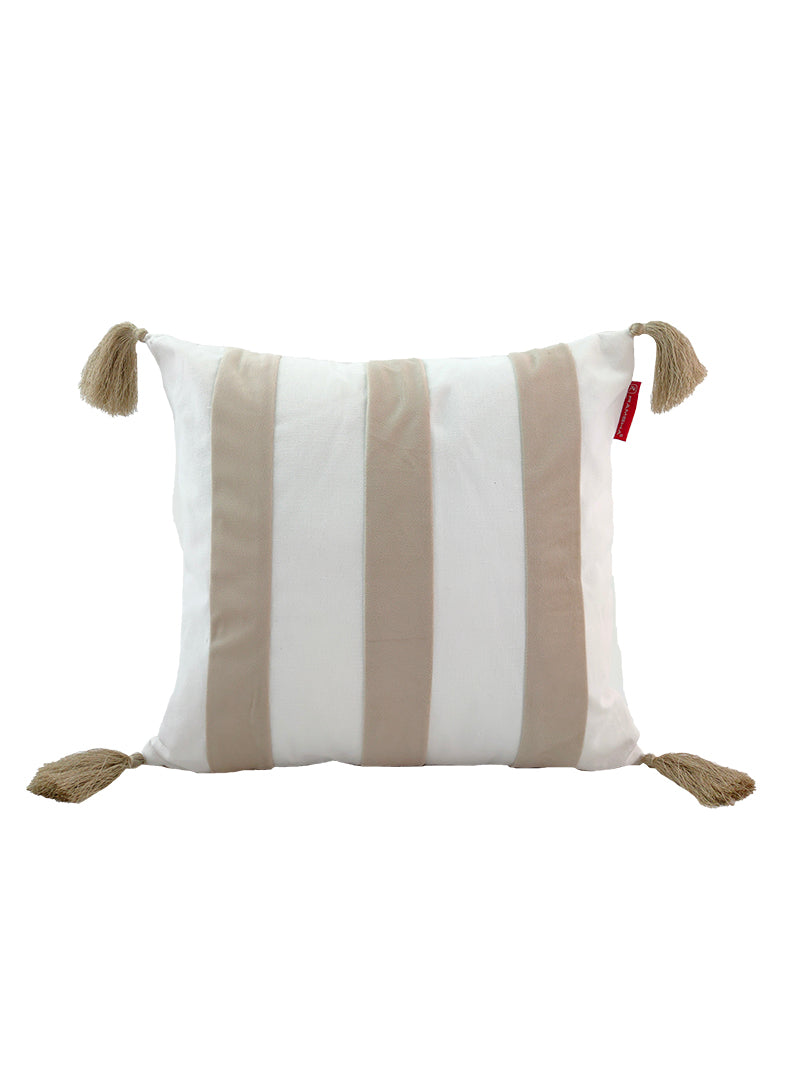 The RAMSHA HOME White & Light Beige Color Cushion CS-136 is a square white polyester cushion with three wide beige stripes, beige tassels on each corner, and a small red side tag. Plush filler adds comfort, ideal for your living room. Plain white background.